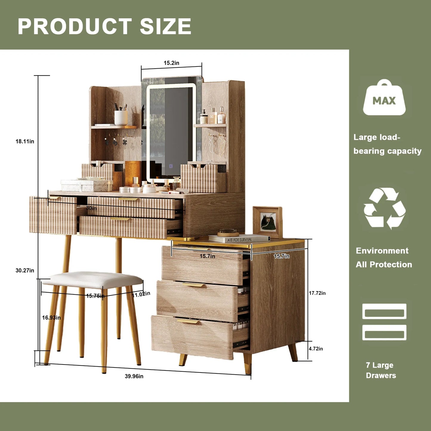 7-Drawer Vanity Desk with LED Mirror & Carved Details, Fluted Makeup Table with Metal Legs and PU Stool, Carved Dressing Table with Jewelry Storage – view 12