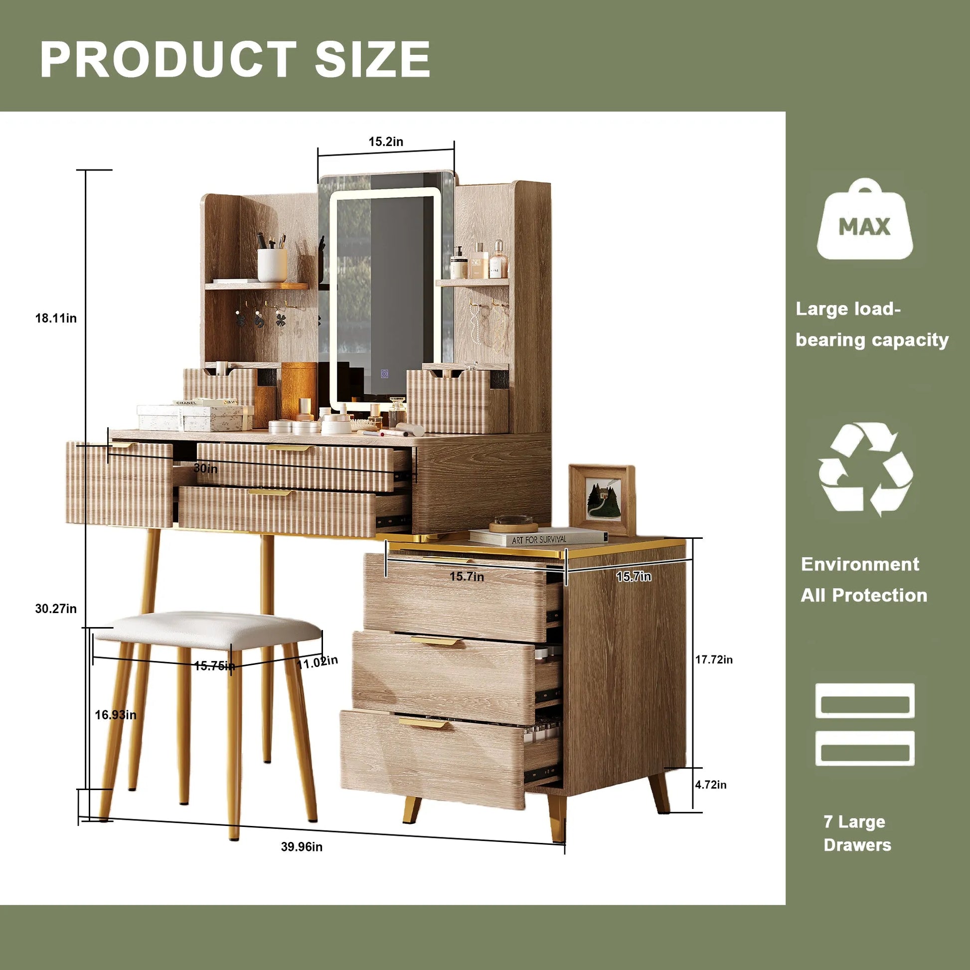 7-Drawer Vanity Desk with LED Mirror & Carved Details, Fluted Makeup Table with Metal Legs and PU Stool, Carved Dressing Table with Jewelry Storage – view 12
