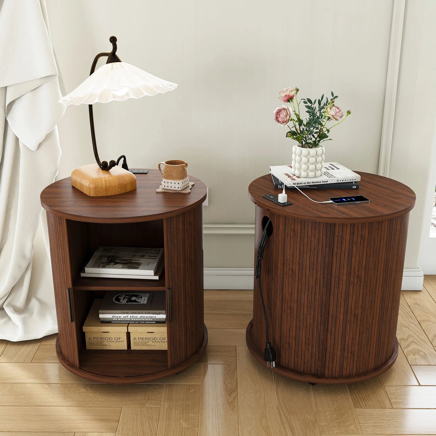 Mid Century Modern Cylinder End Table with Built-in Charging Station & Sliding Door, 2-Tier Storage Round Nightstand with USB Ports, Walnut Bedside – view 12