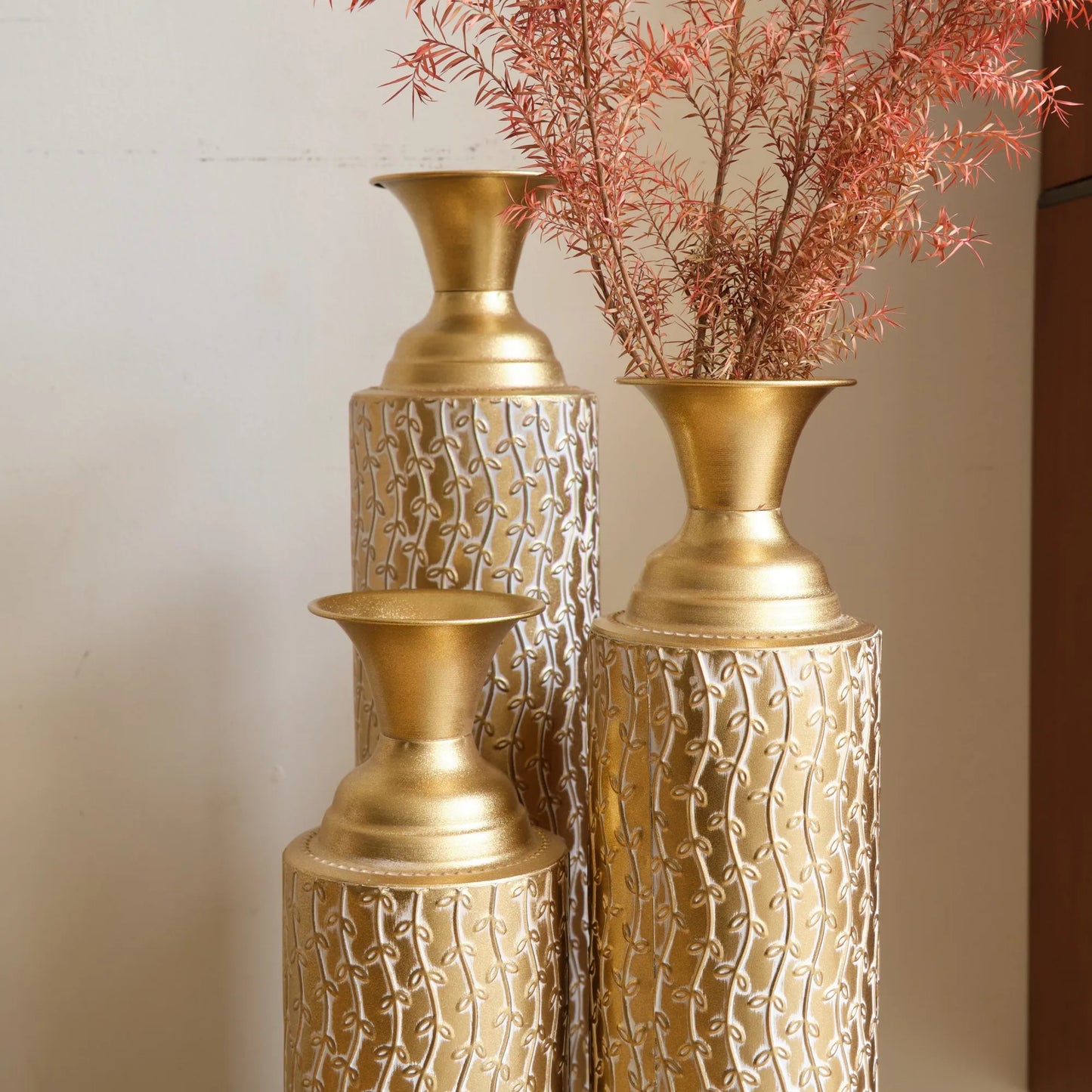 Metal Decorative Vases High Distress Metal Center Vases with Growing Vine Patterns, Set Of 3 Vases for Home Decoration 34', 29', 25'H, Gold – view 12