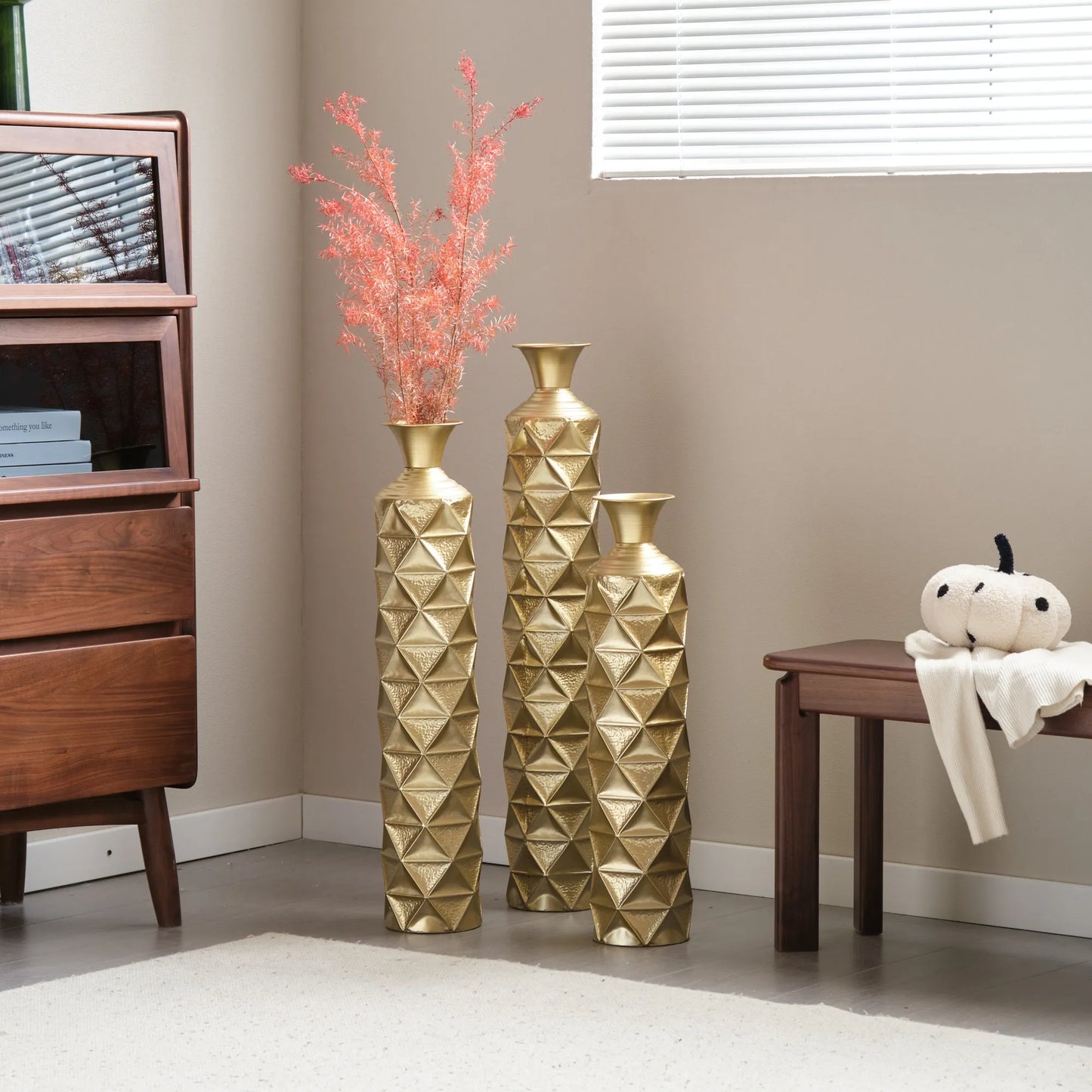Metal Decorative Vase High Distress Metal Center Vase With 3D Triangle Pattern, Set Of 3 Vases for Home Decoration 33.5', 29.5', 25.2'High, Gold – view 12
