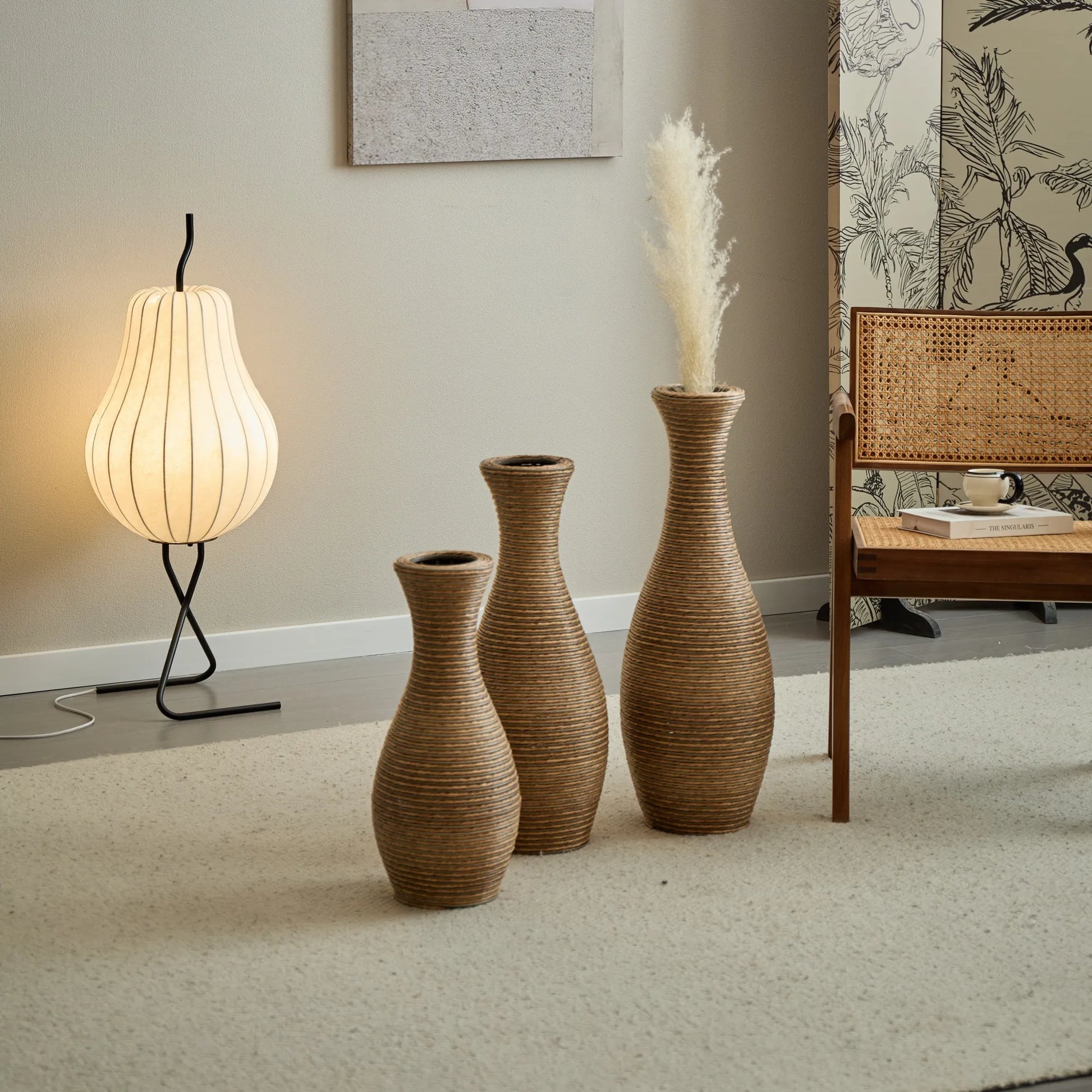 3-Piece Artificial Rattan Floor Vase Set – Decorative Accent for Living Room, Hallway & Entryway, Ideal for Dried or Silk Flower Arrangements, Beige – view 12