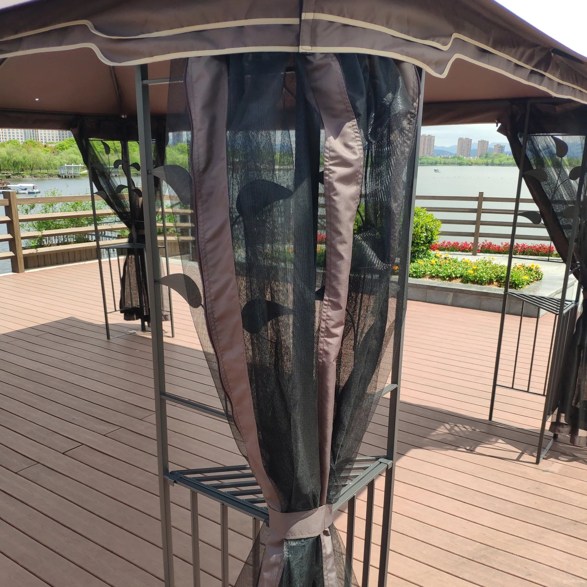 13 x 10 ft Patio Gazebo Tent with Ventilated Double Roof and Mosquito Net, Brown Canopy for Backyard or Garden – view 12