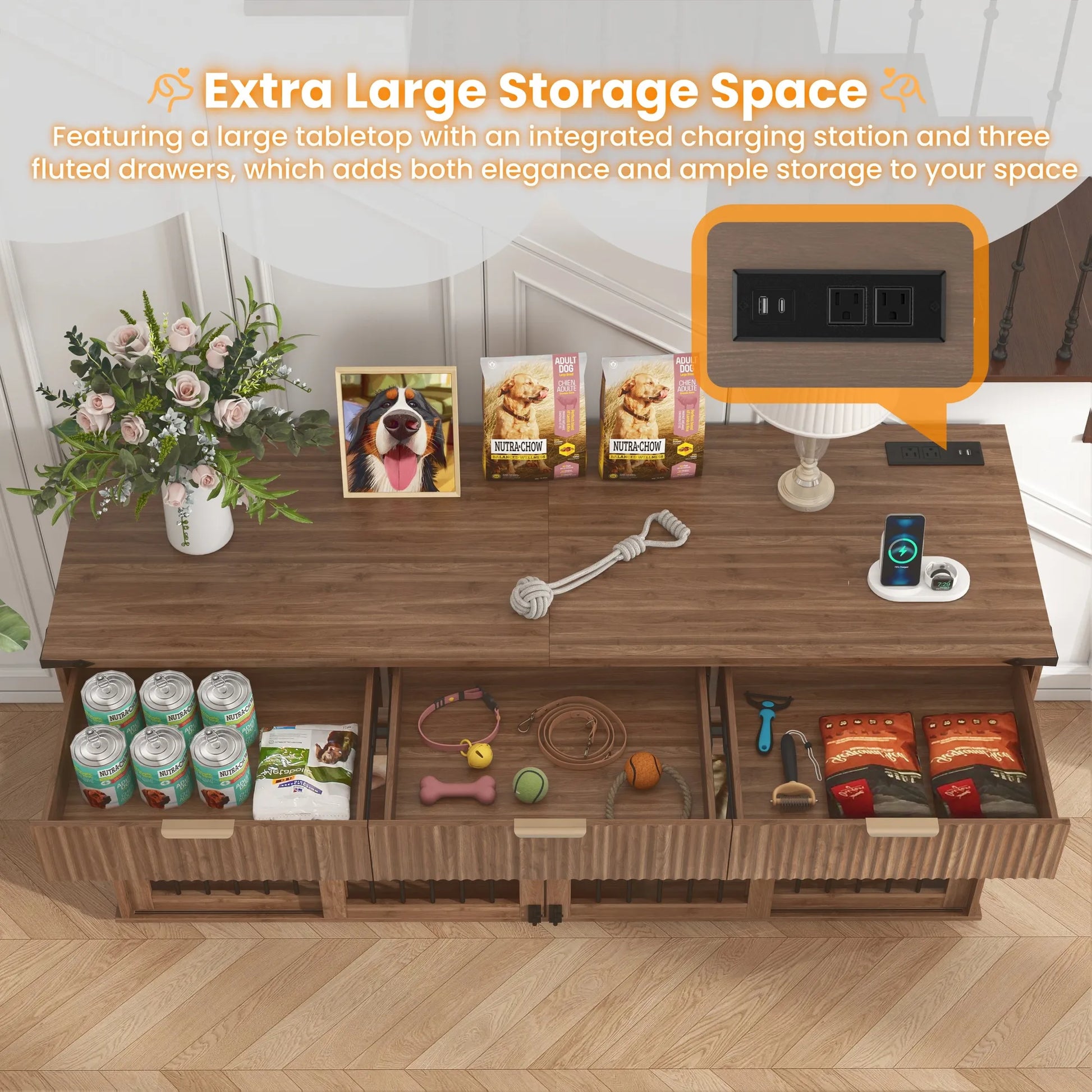71'' Furniture Style Double Dog Crate with 3 Fluted Drawers and Waterproof Walnut Woodgrain Tabletop,Large Dog Kennel Furniture with Type-C Power – view 12