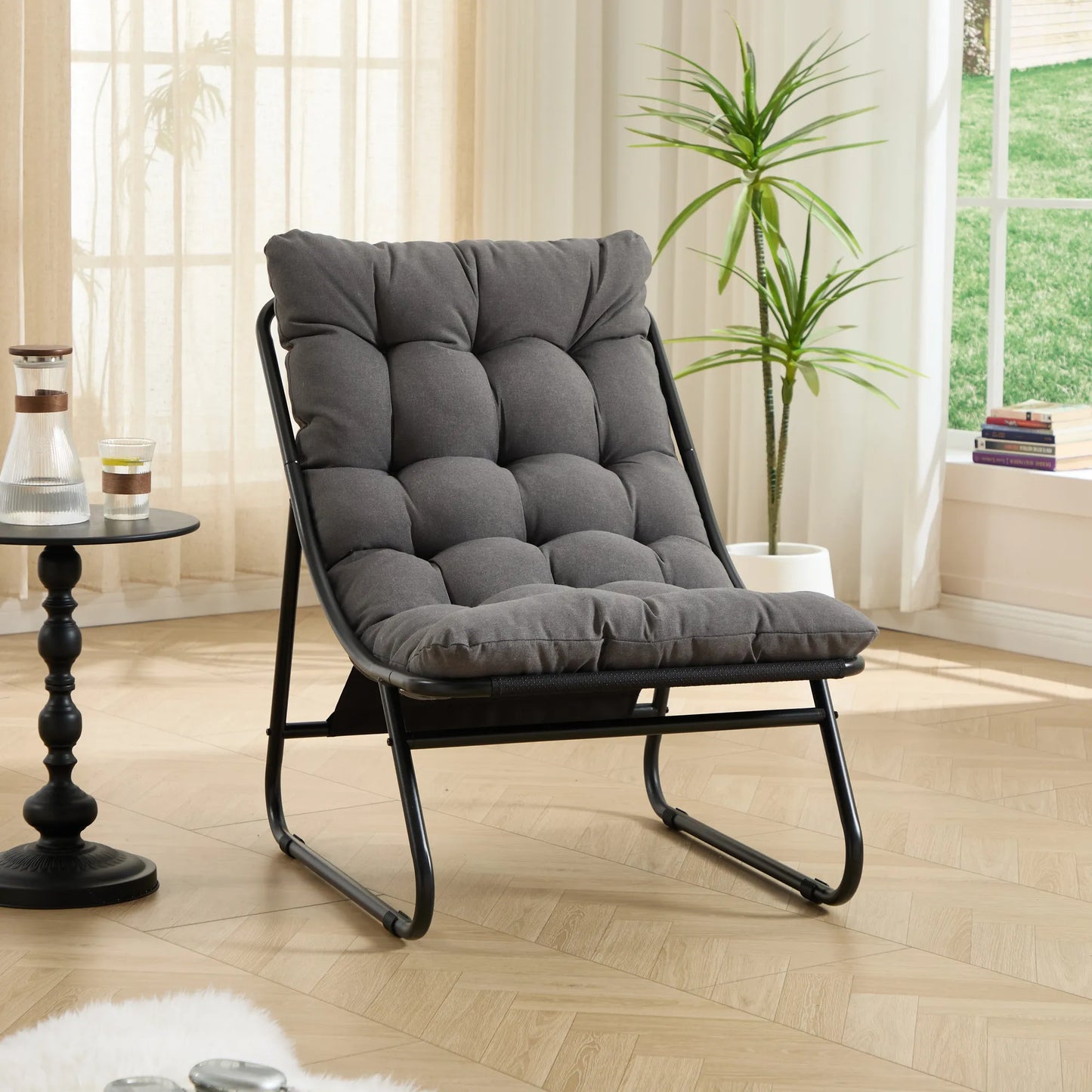 Patio Outdoor Lounge Chair with Ottoman, Comfy Sling Recliner Chair with Puffy Cushion and Foot Stool, Ideal for Living Room, Bedroom, Reading Room – view 12