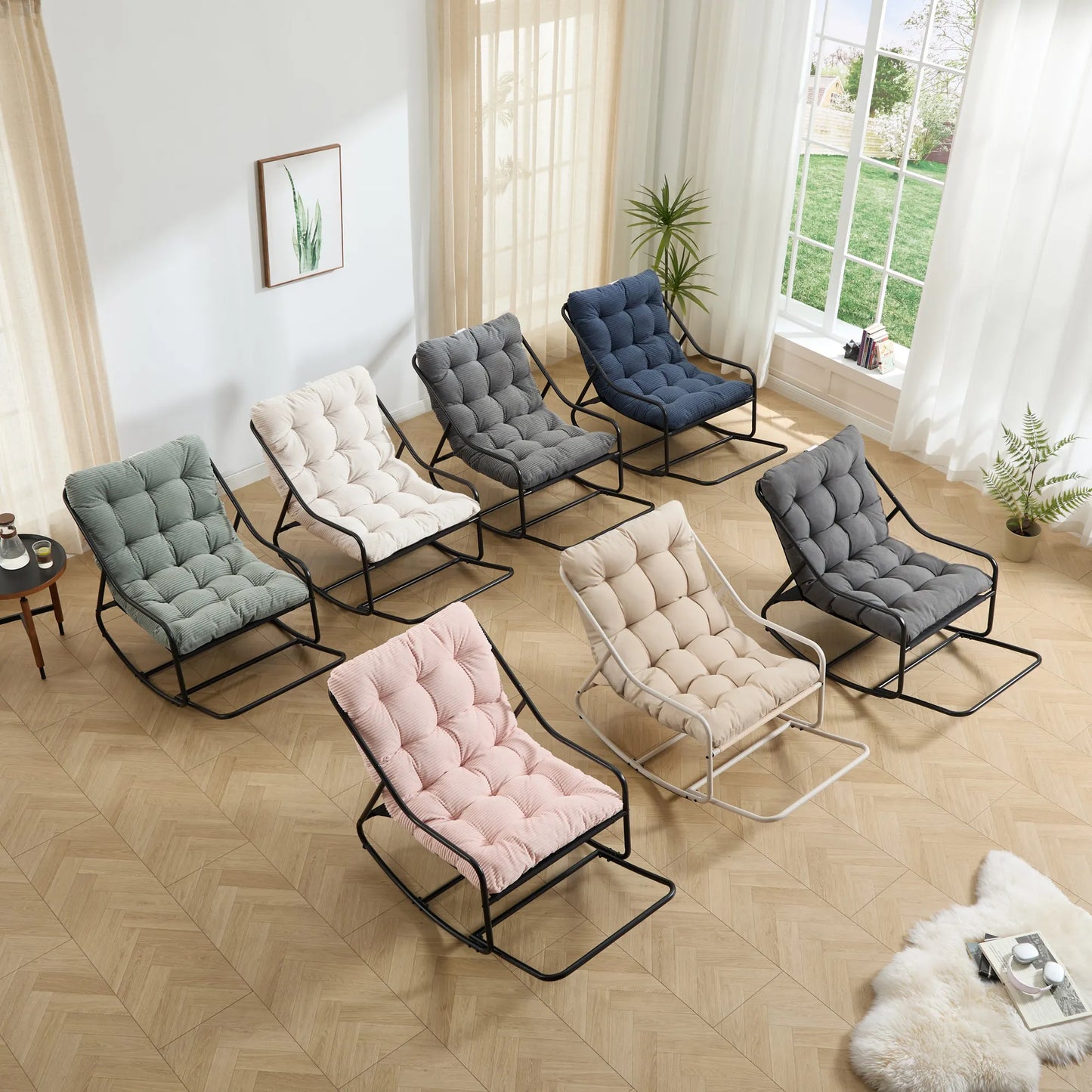 Outdoor Rocking Chair, Comfy Cushion, with Soft Thick Cushion,for Living Room, Bedroom, Reading Room, Beige Frame with Beige Cushion – view 12