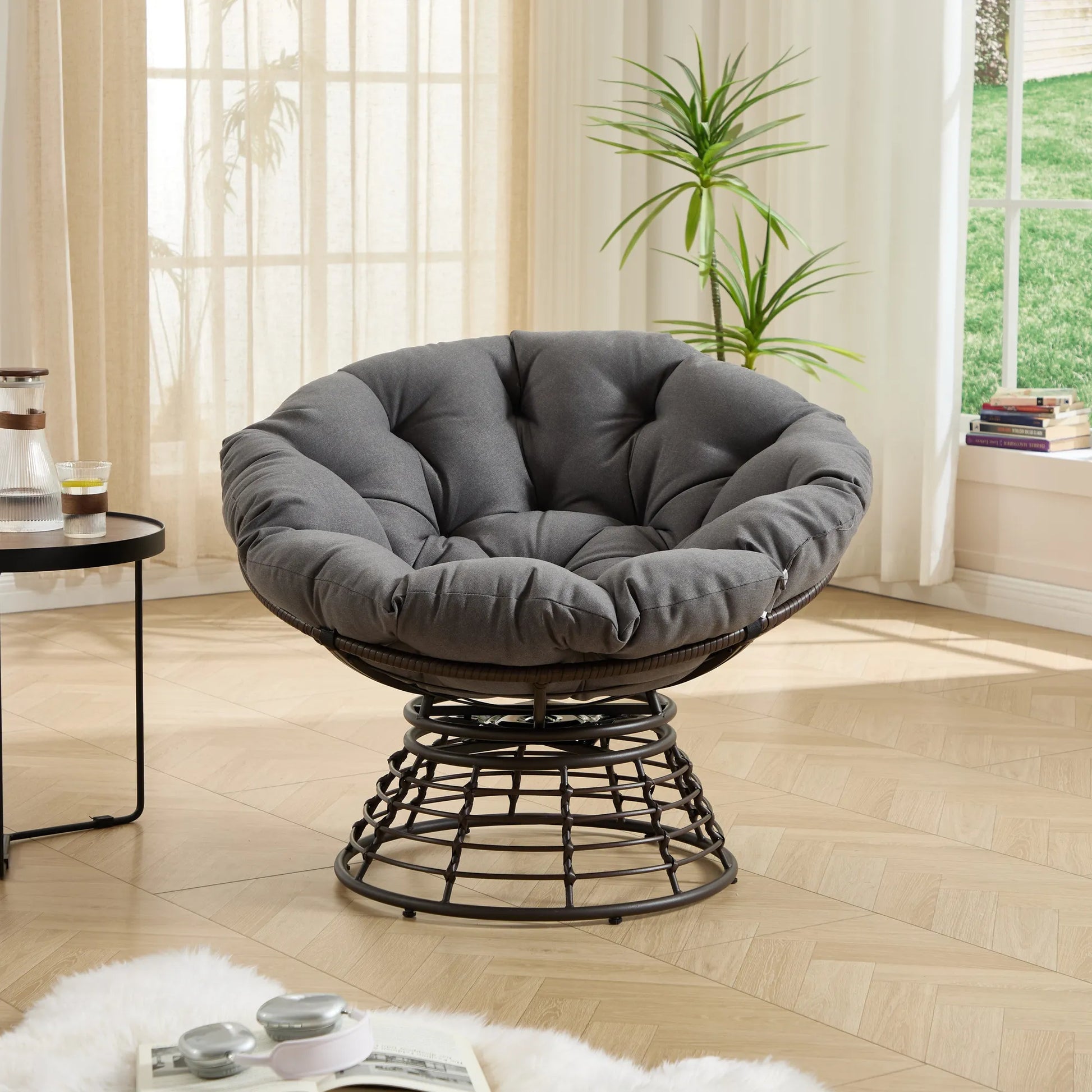 Comfortable Ergonomic Wicker Papasan Chair, 360° Swivel Indoor Outdoor Rattan Chair with Soft Thick Cushion, Ideal for Living Room, Bedroom, Reading – view 12