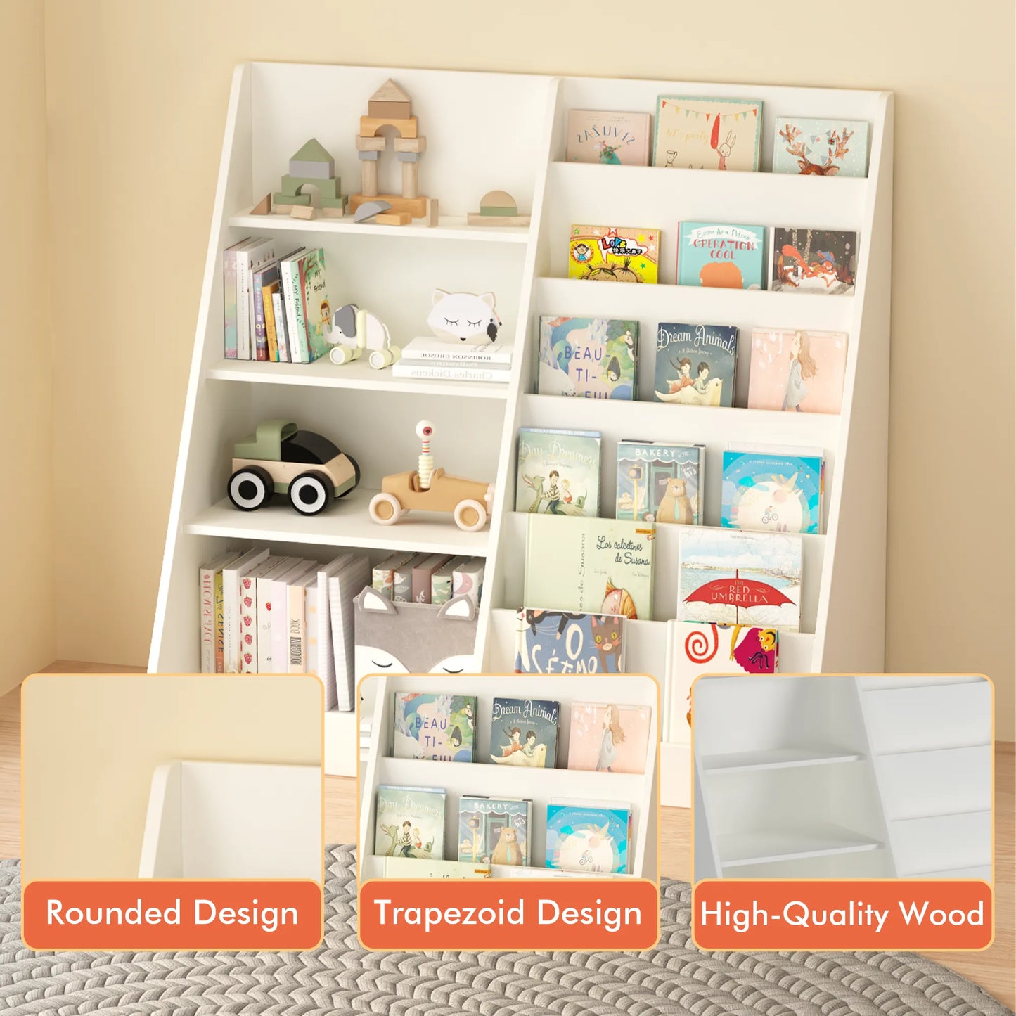 Kids Bookshelf and Toy Storage Organizer, Multifunctional 4-Tier White Wooden Bookcase with Toy Bin for Nursery, Playroom, or Kids Room – view 12