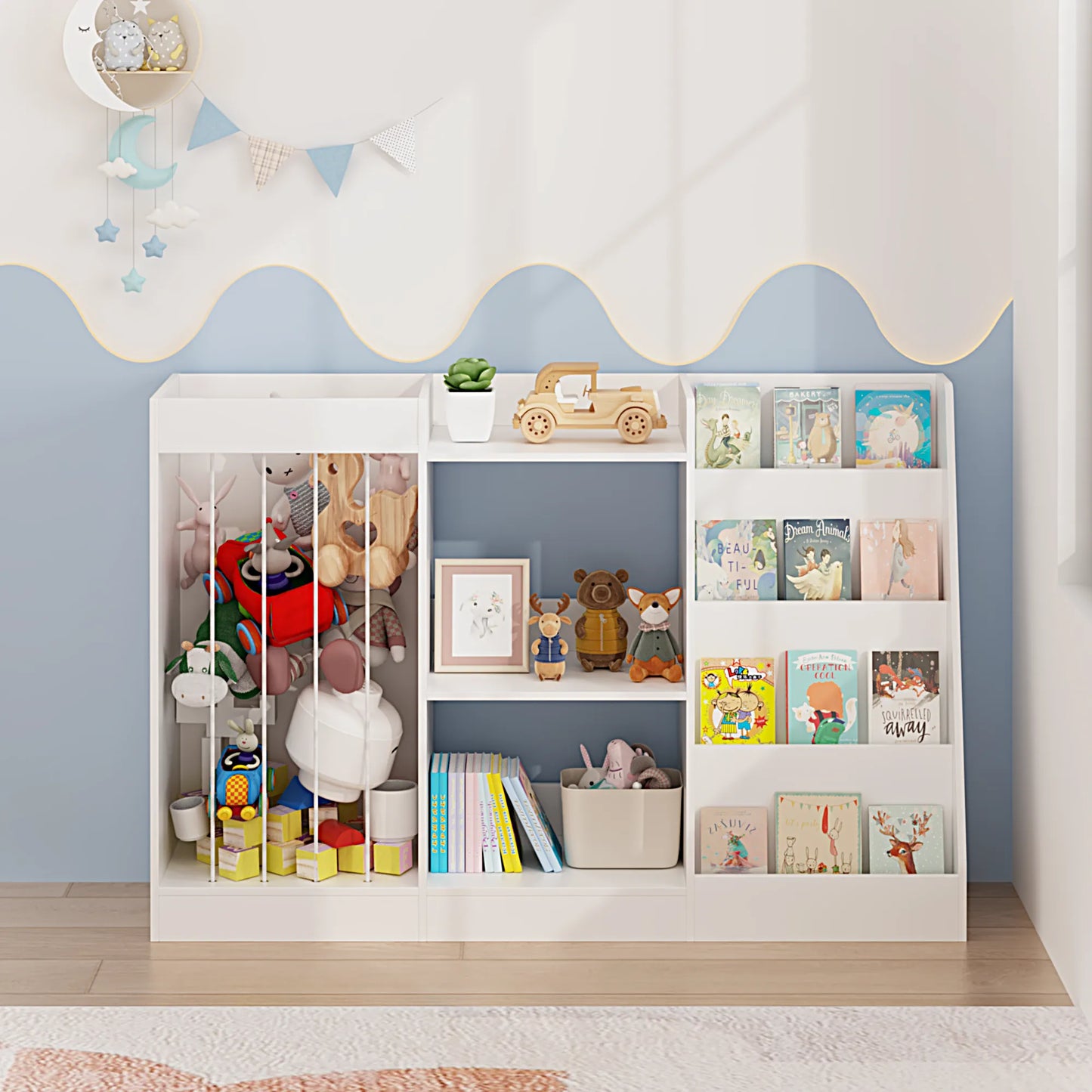 3-in-1 Kids Bookshelf and Toy Storage, 4-Tier Book Shelf for Kids Rooms, Sling Baby Bookcase with Stuffed Animal Storage, Toddler Montessori – view 12