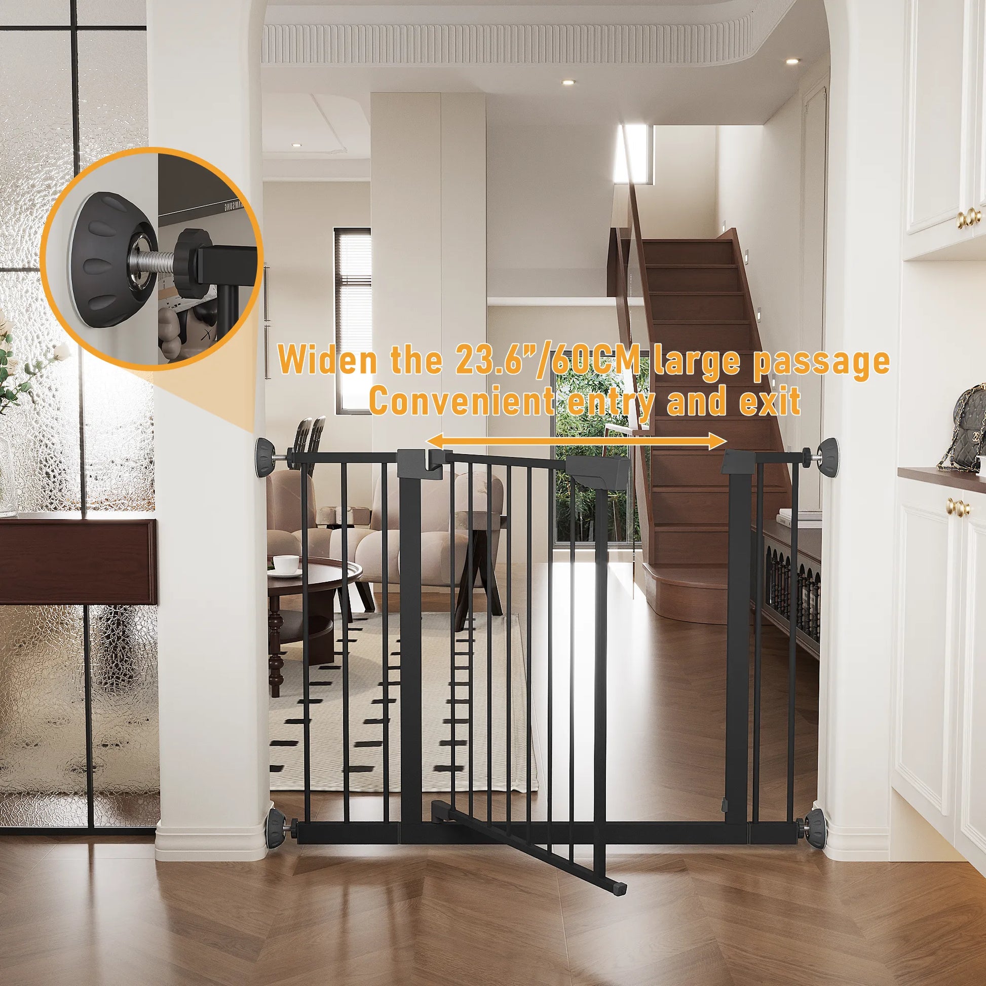 29.5-45.3' Wide Baby Gate with wall protector for Stairs, Dog Gate Indoor for Doorways, No Drilling Pressure Mounted Pet Gates for Kids, Easy Walk – view 12