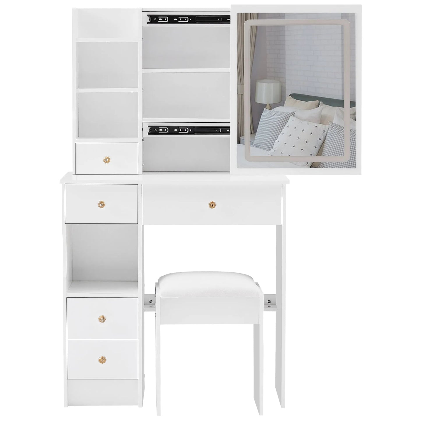 29.2' Small Size Left Drawer Desktop Vanity Table + Cushioned Stool, Large Sliding, Touch Control, Tri-color Switching, Brightness Adjust LED Mirror – view 12