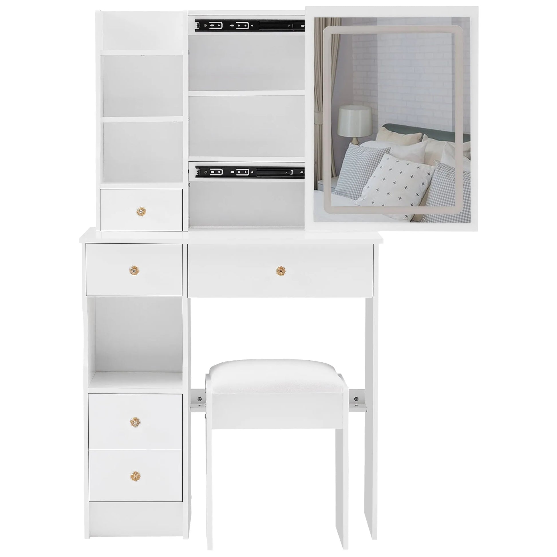 29.2' Small Size Left Drawer Desktop Vanity Table + Cushioned Stool, Large Sliding, Touch Control, Tri-color Switching, Brightness Adjust LED Mirror – view 12
