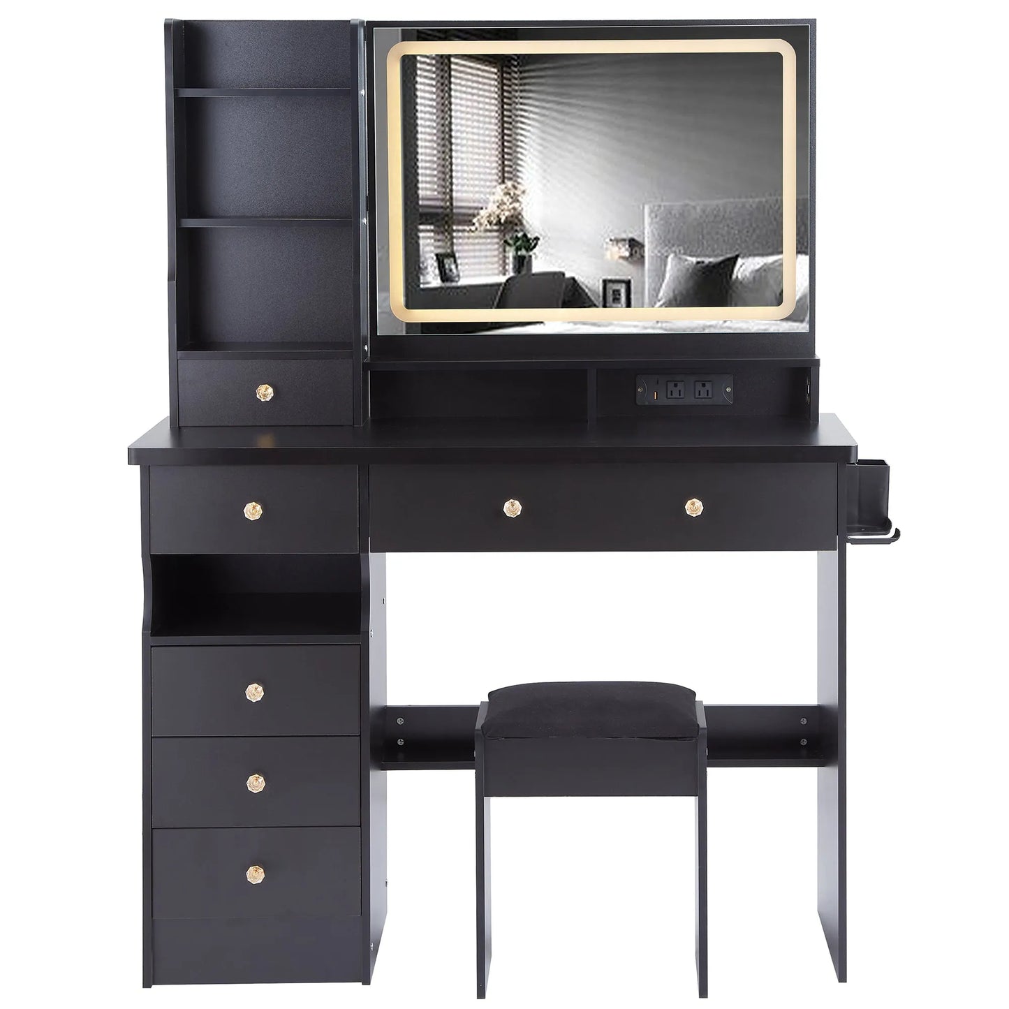 41' Large Size Left Drawer Desktop Vanity Table+Cushioned Stool Dresser Set, 2 AC+2 USB Power Station, Hair Dryer Stand, Extra Large Touch Control – view 12