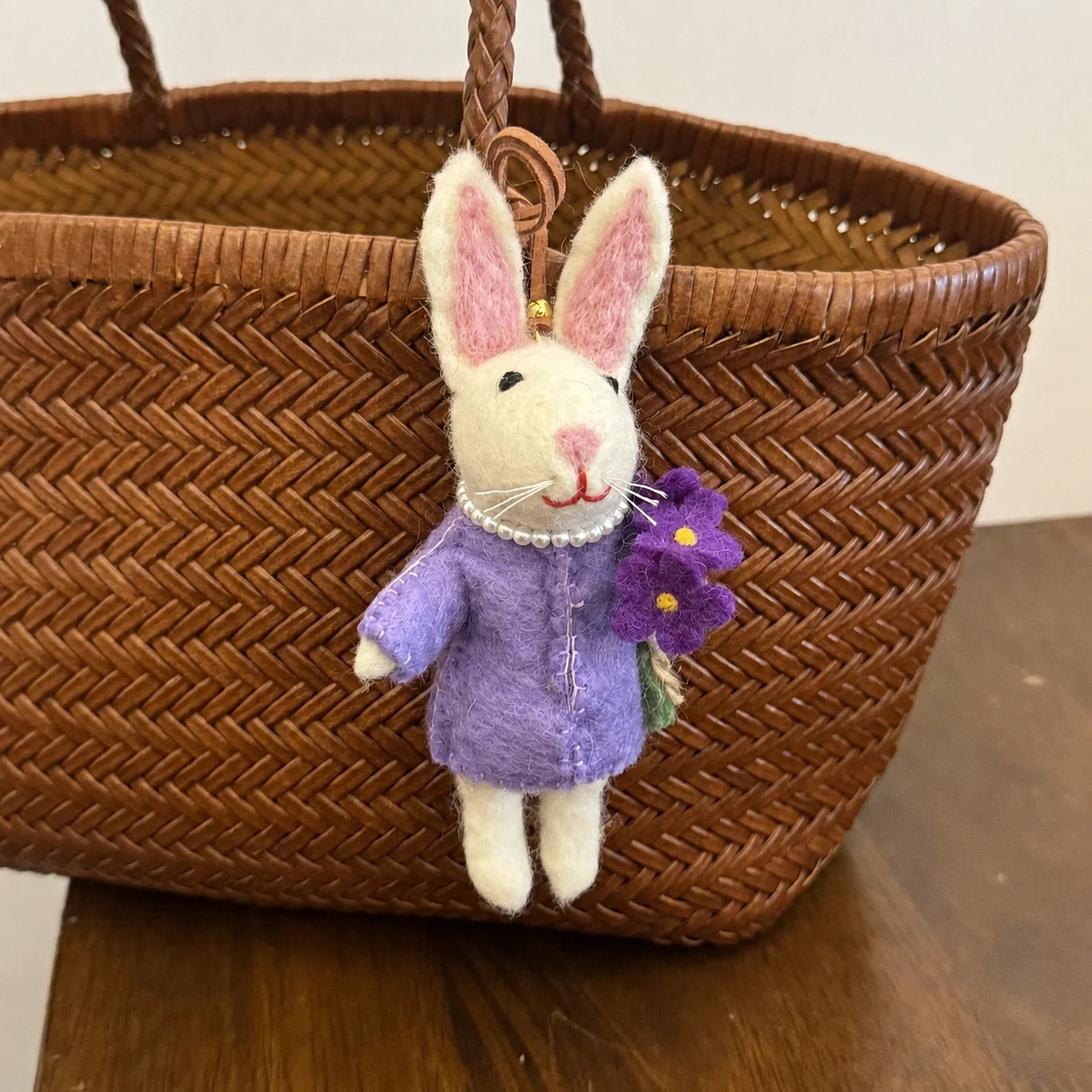 white rabbit purple flowers handmade wool felt bag charm