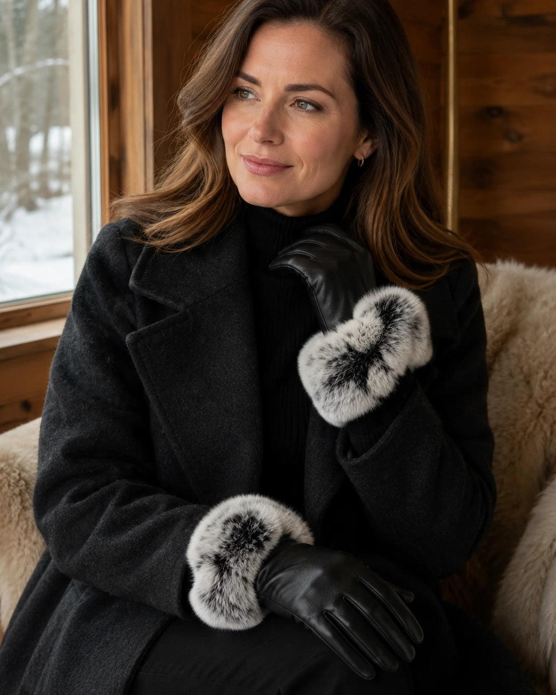 Woman wearing black leather gloves with silver fur cuffs in a winter cabin