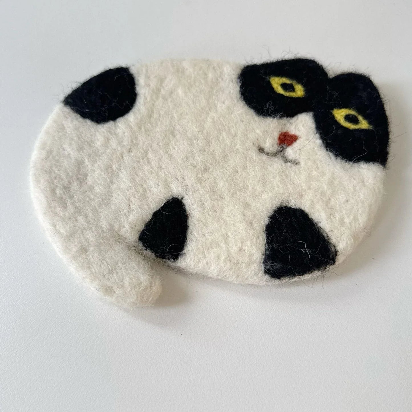 Handmade black and white cat wool felt coaster