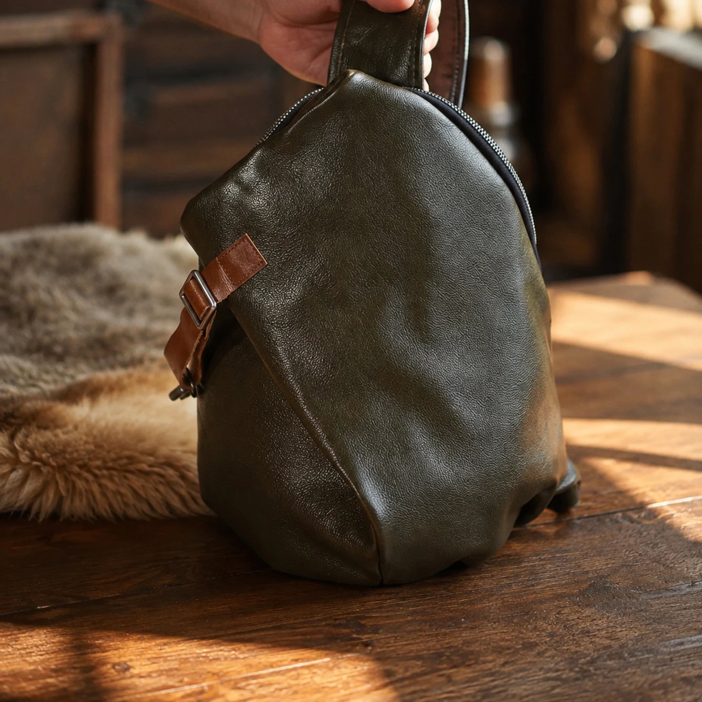 Dark Green cowhide leather sling chest bag, grain and hardware detail