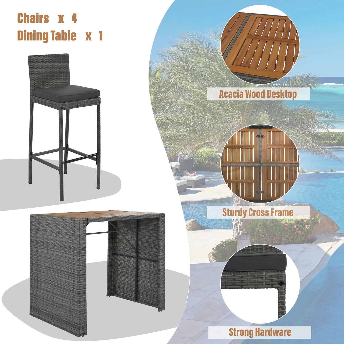 <Old SKU: FG201216AAE> GO 5-pieces Outdoor Patio Wicker Bar Set, Bar Height Chairs With Non-Slip Feet And Fixed Rope, Removable Cushion, Acacia Wood – view 13