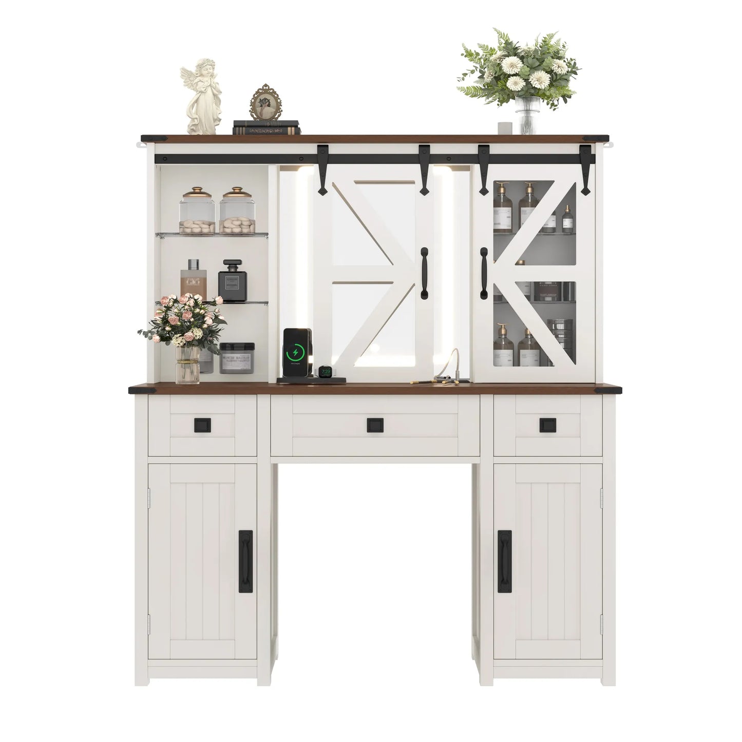 (Stool NOT Included) 43.3' Farmhouse Makeup Vanity Desk with Lighted Mirror, Vanity Table with Charging Station, Dressing Table with Sliding Barn – view 13