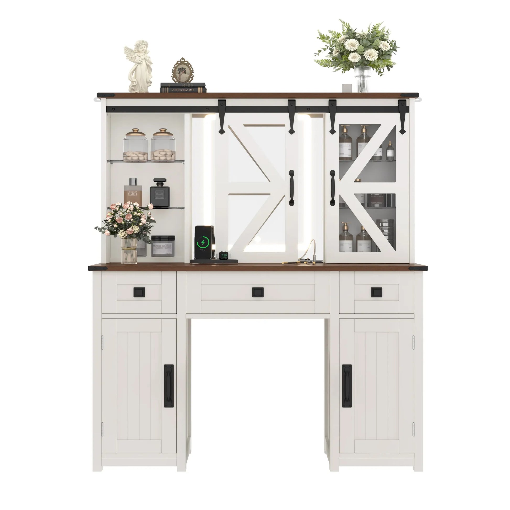 (Stool NOT Included) 43.3' Farmhouse Makeup Vanity Desk with Lighted Mirror, Vanity Table with Charging Station, Dressing Table with Sliding Barn – view 13