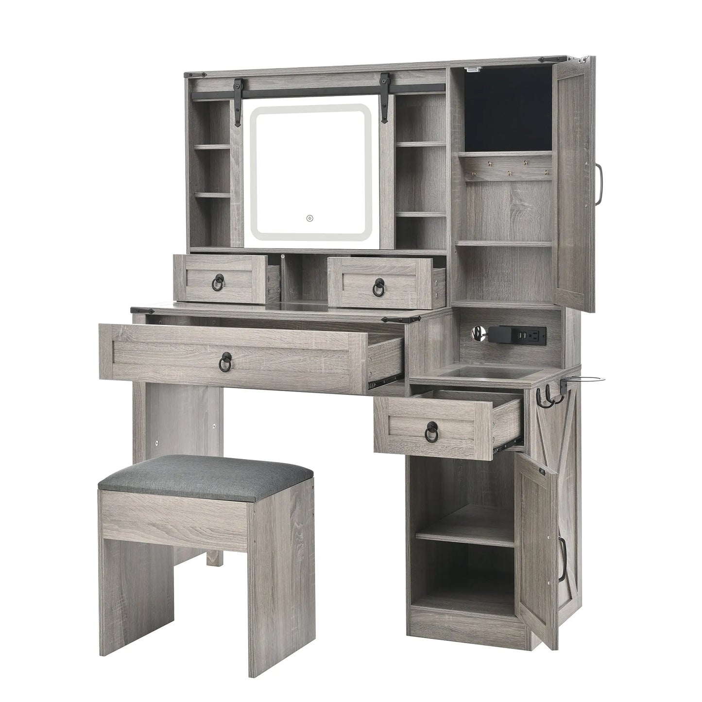 Farmhouse Vanity Desk with Sliding Mirror and Lights, Vanity Set with Glass Top and Charging Station ,Dressing Table with 4 Drawers and 2 Cabinets – view 13