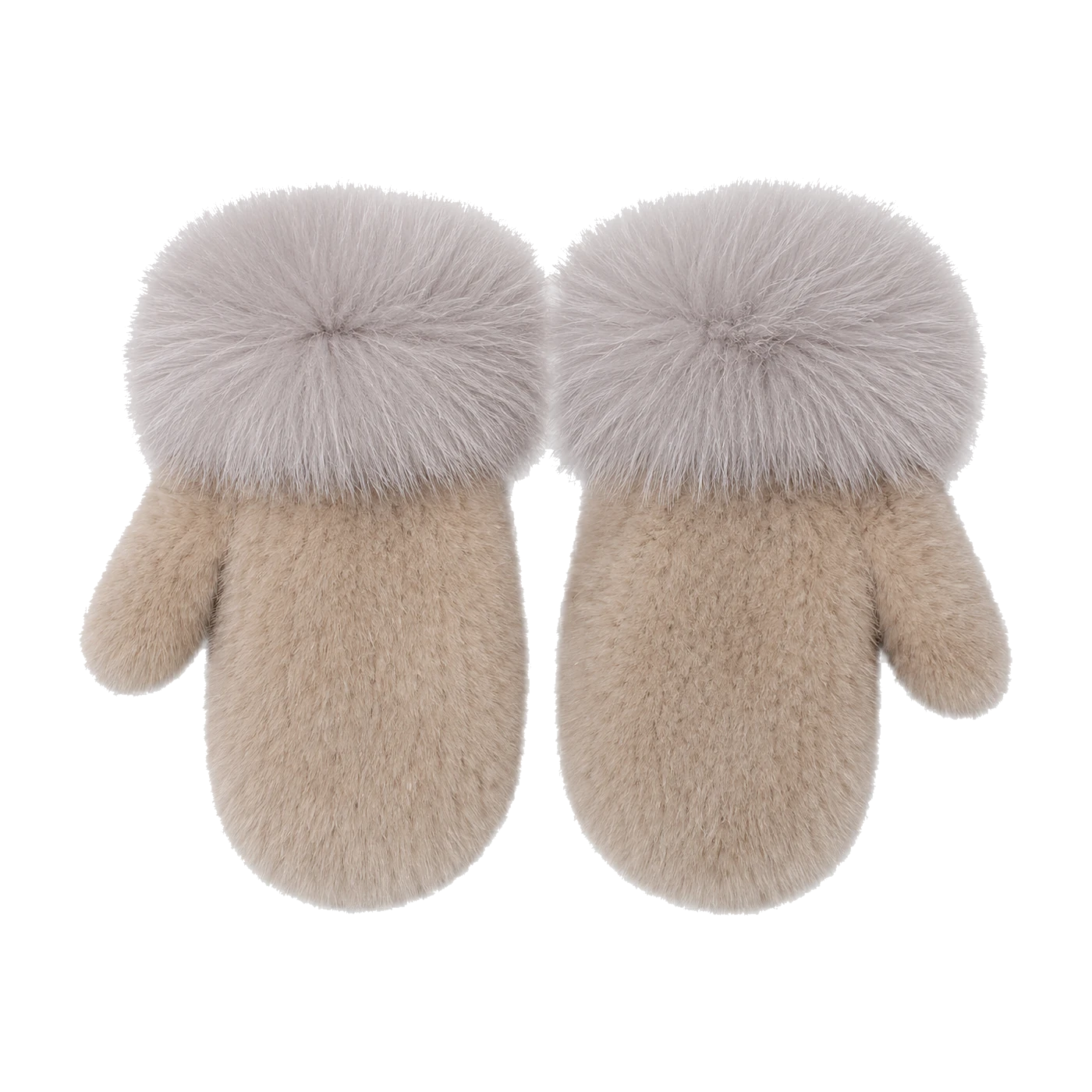 Milk Ash Gray genuine mink fur mittens with oversized fox fur cuffs on transparent background