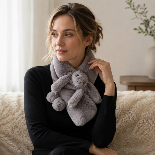 Silver Gray genuine Rex rabbit fur bunny scarf worn in a warm wood interior