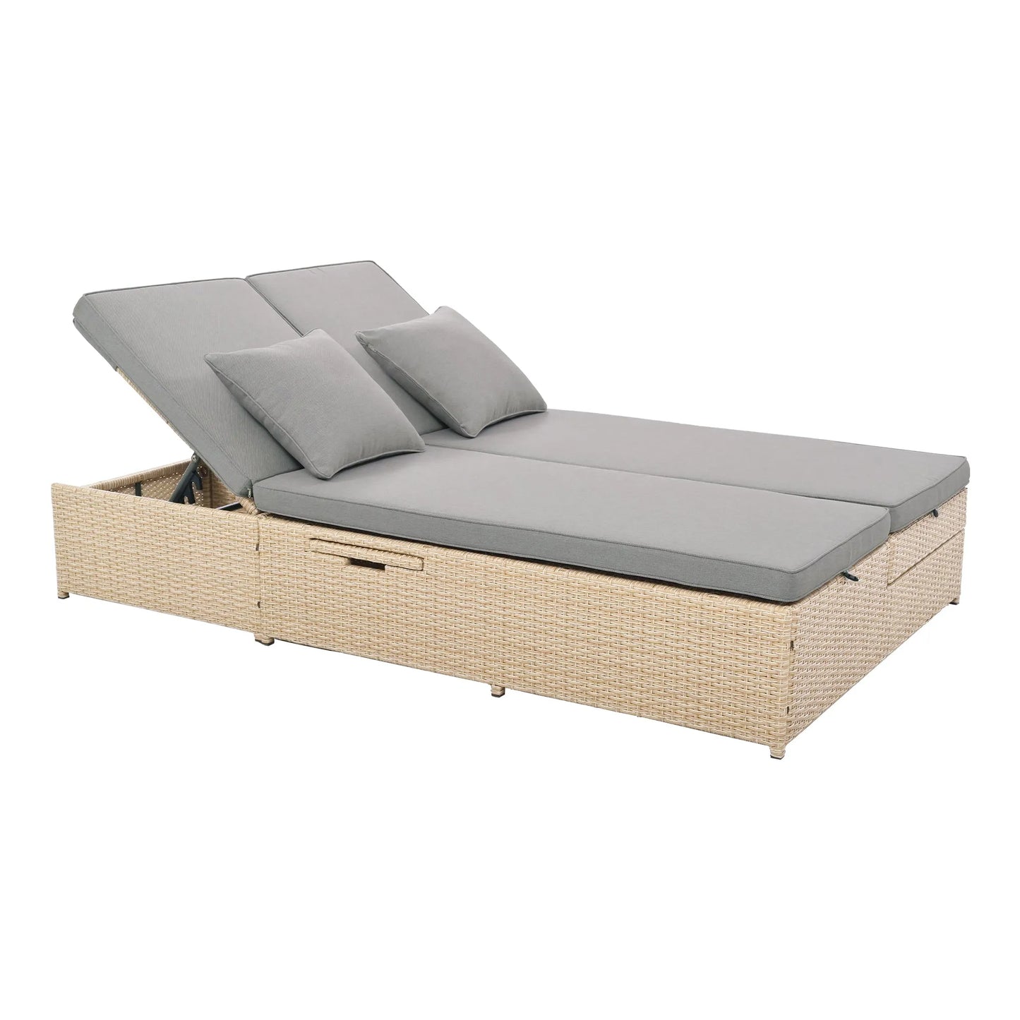 Outdoor Double Sunbed, Wicker Rattan Patio Reclining Chairs with Adjustable Backrest and Seat, Conversational Set for 2 Person, Brown – view 13