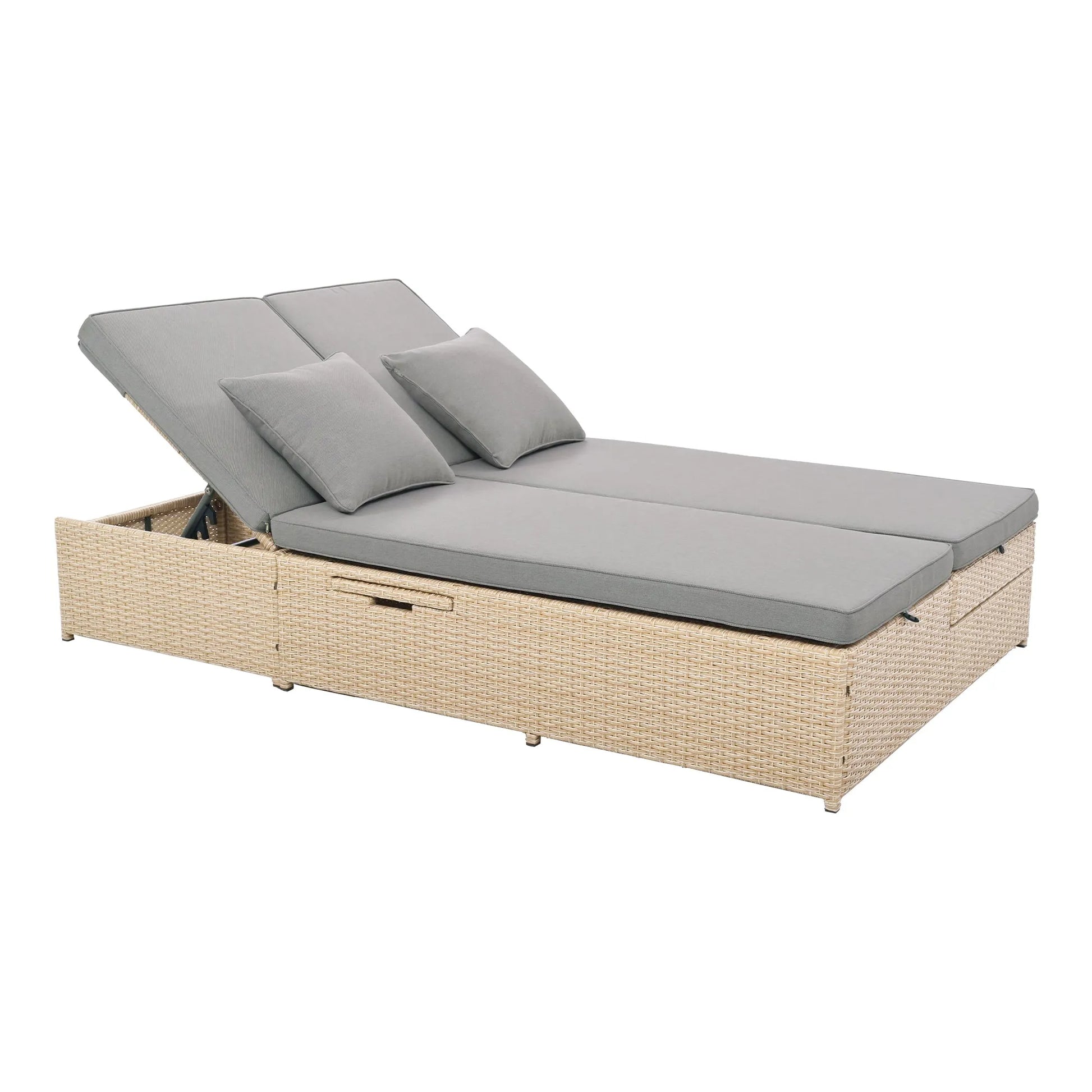 Outdoor Double Sunbed, Wicker Rattan Patio Reclining Chairs with Adjustable Backrest and Seat, Conversational Set for 2 Person, Brown – view 13