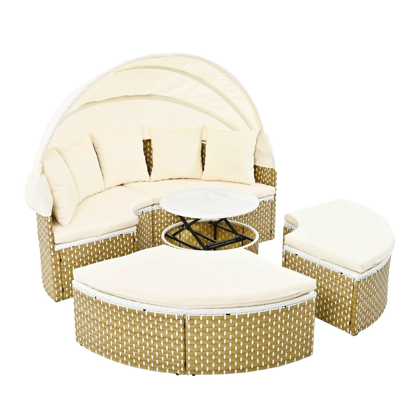 Patio Furniture Round Outdoor Sectional Sofa Set Rattan Daybed Two-Tone Weave Sunbed with Retractable Canopy, Separate Seating and Removable Cushion – view 13