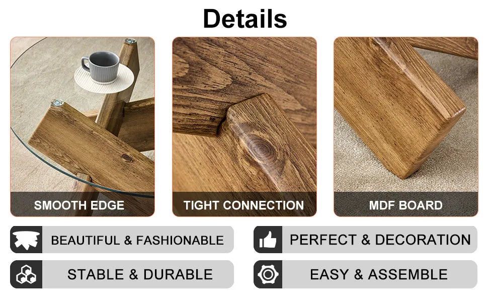 Circular glass coffee table, 33.4-inch modern and distinctive design tea table. Tempered glass countertop, wood colored MDF table legs. Suitable for – view 13