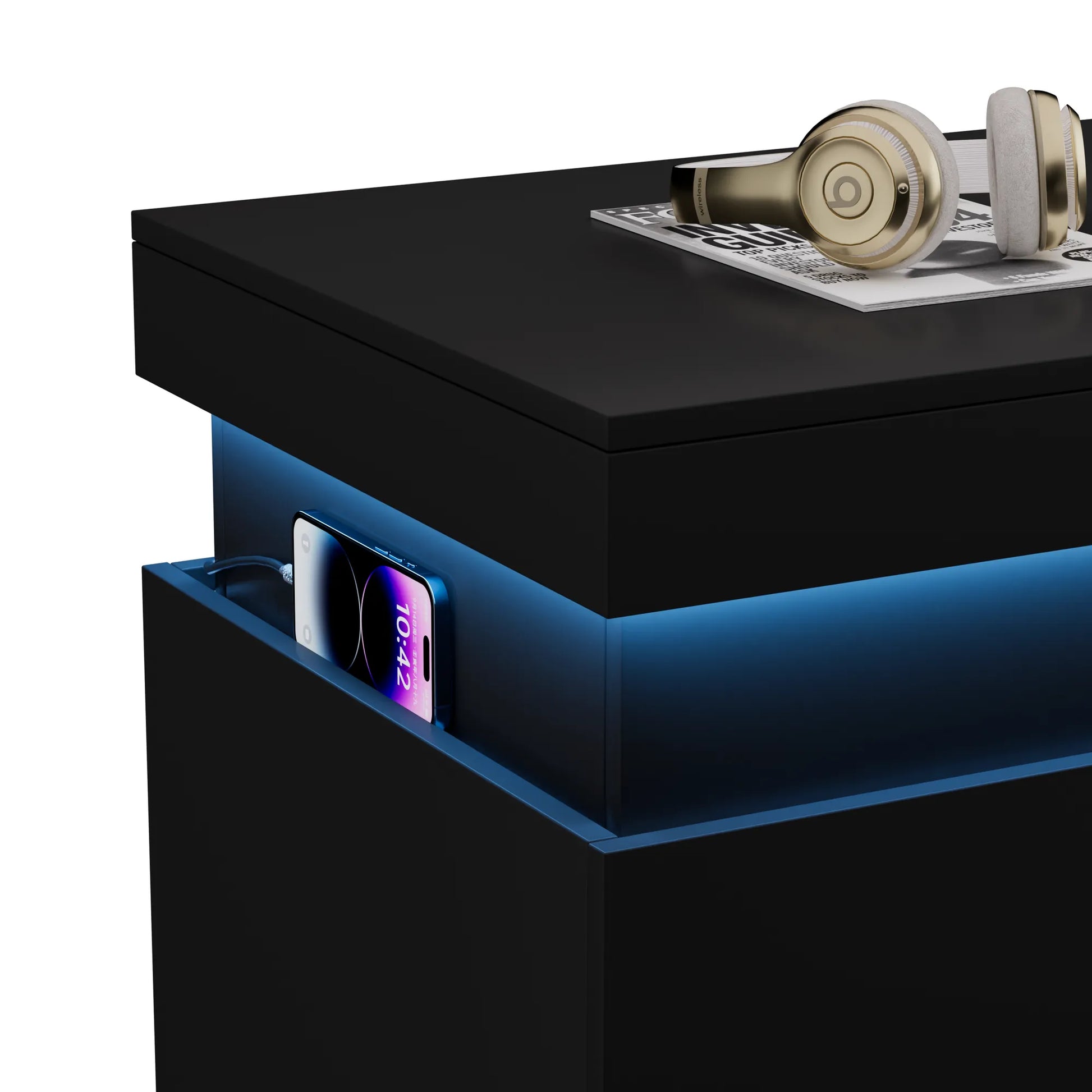 Nightstand with Charging Station and LED Lights,Night Stand with Sliding Top for Bedroom,Bedside Table with Drawers,Modern End Side – view 13