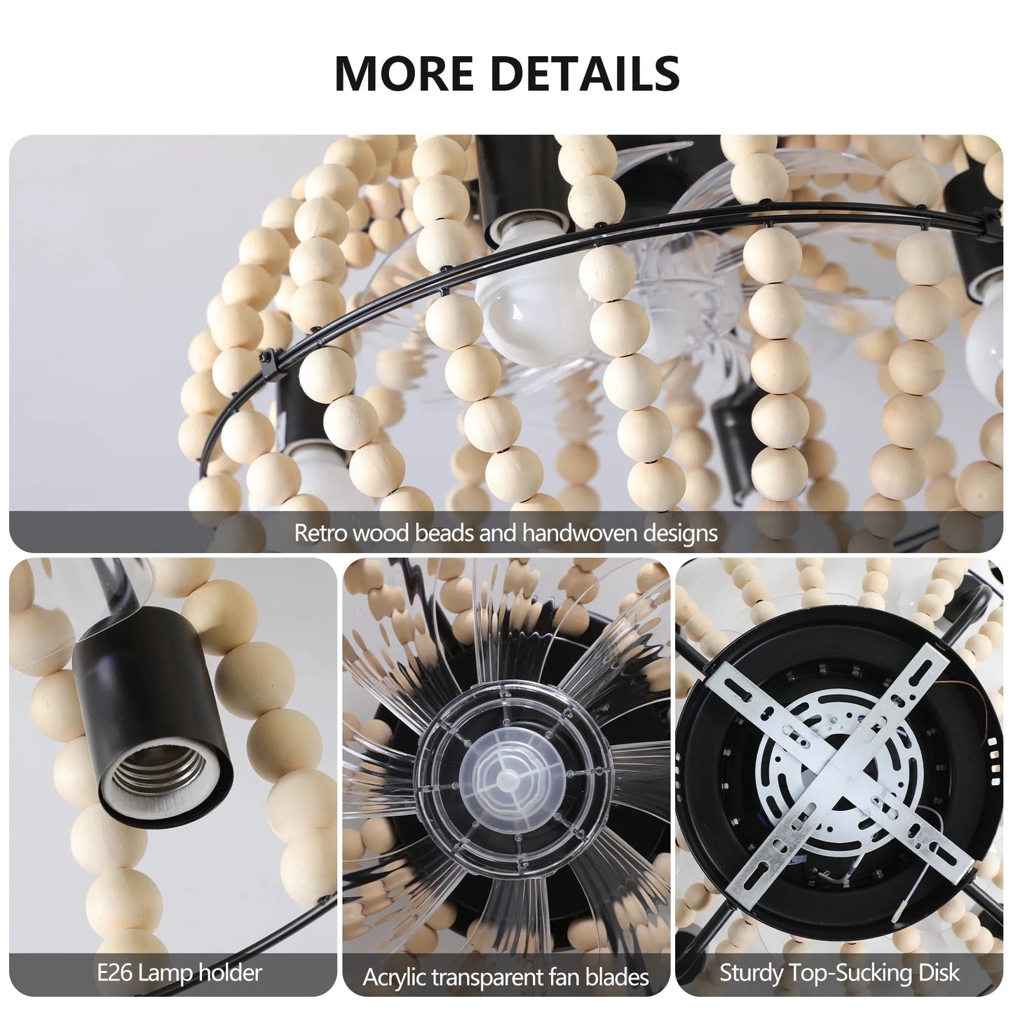 18' Bohemian Wood Beaded Ceiling Fan with Light, Flush Mount Caged Ceiling Fan, Rustic Farmhouse Low Profile Fan Light Fixture for Indoor Home Decor – view 13