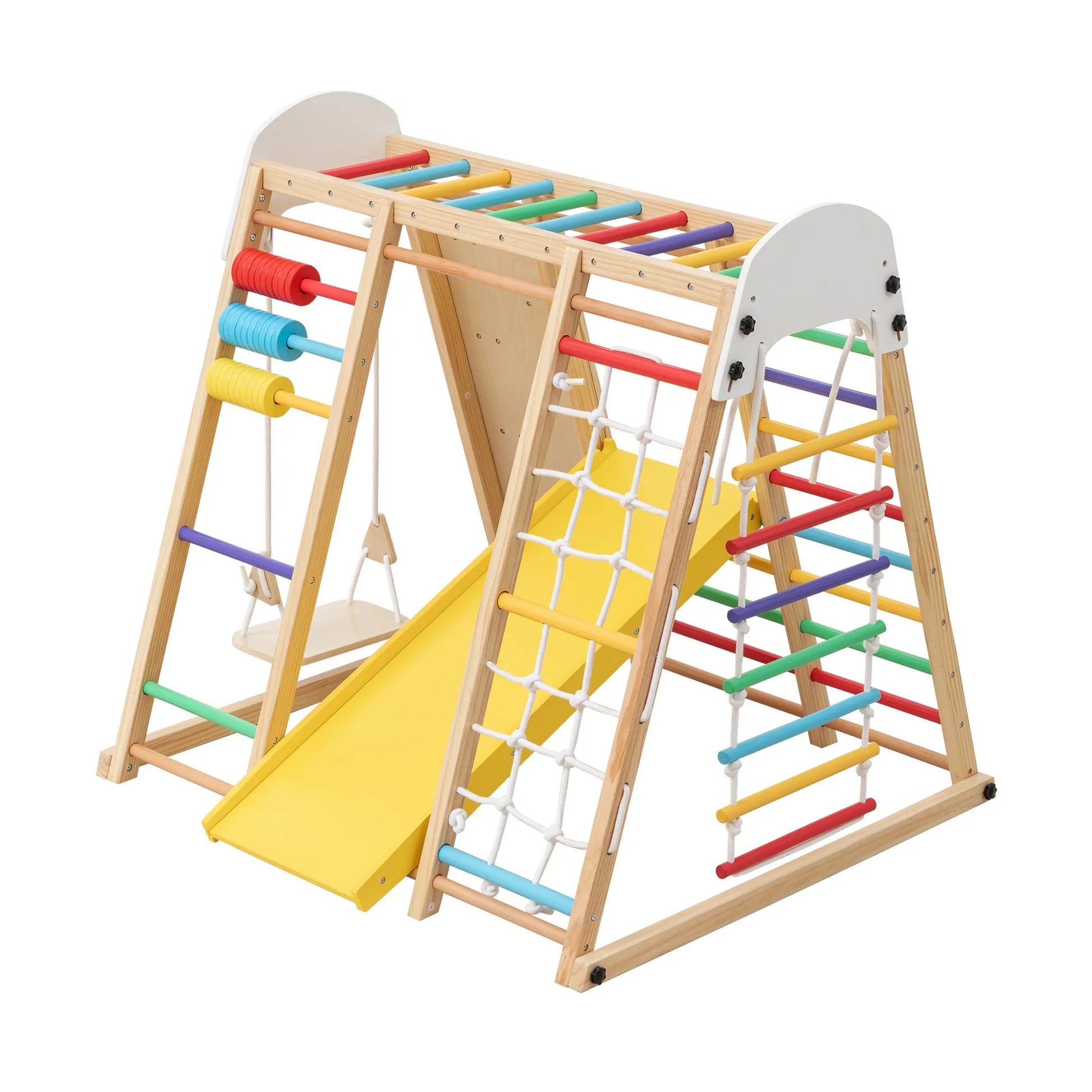 9-in-1 Foldable Kids Climbing Frame & Slide, Wooden Toddler Playground with Swing, Monkey Bars, Climbing Rock, Abacus Game – Indoor Outdoor Playset – view 13