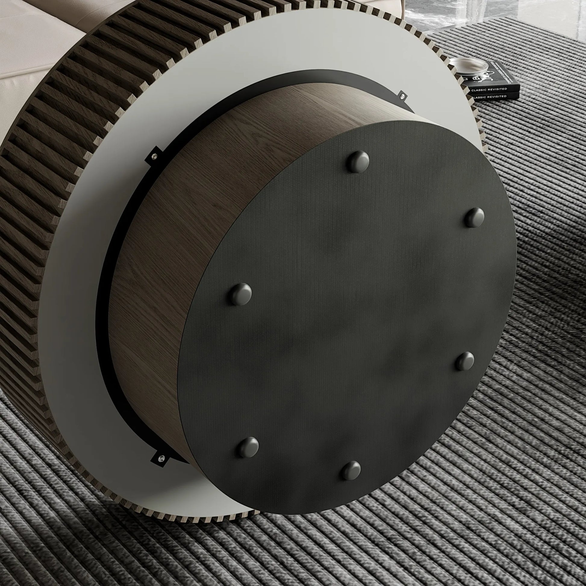 39.37'' Round Coffee Table with Storage Solid Wood Veneered Modern Coffee Table Accent Tea Table for Living Room, Bedroom, Apartment or Office, Grey – view 13