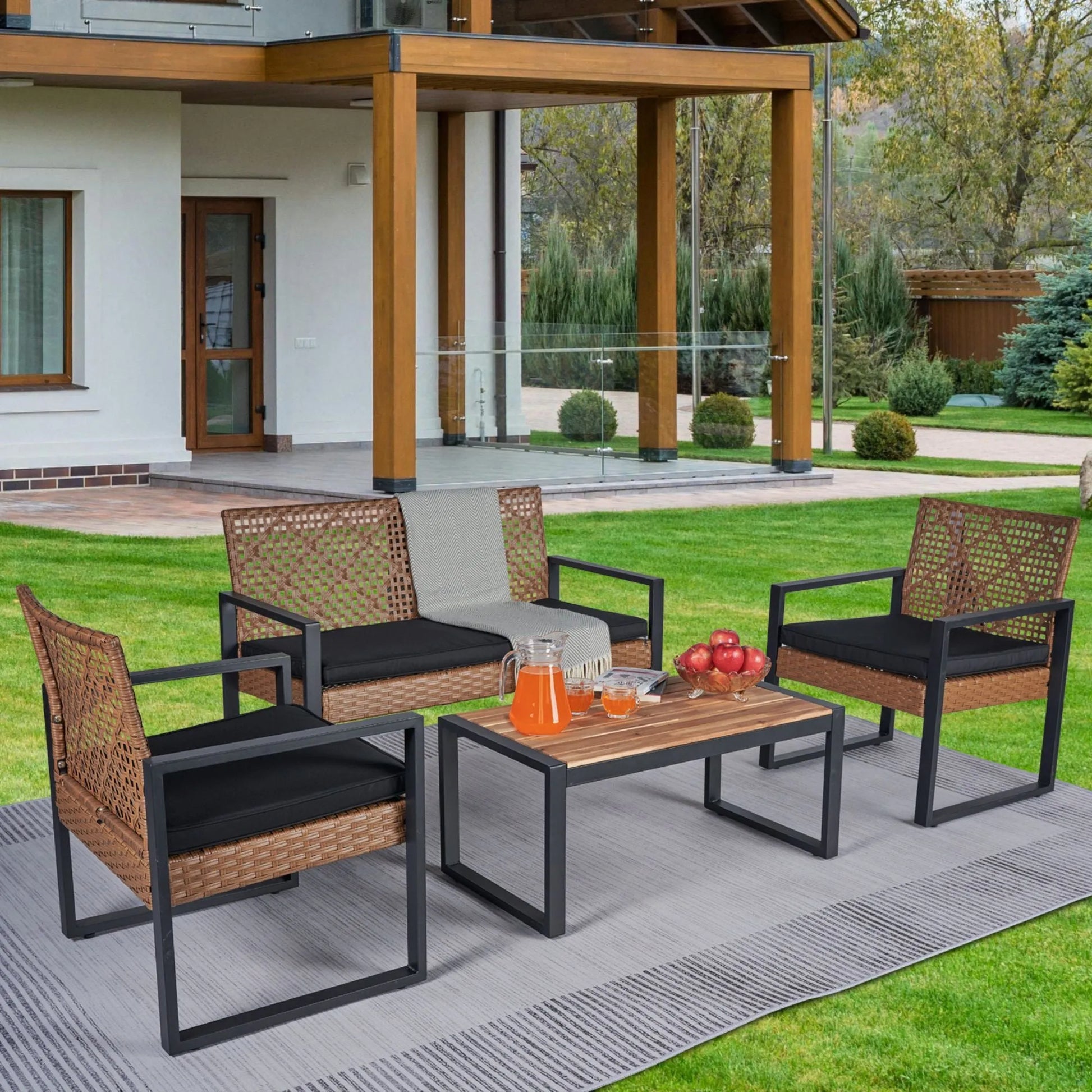 Modern Outdoor 4-Piece Patio Furniture Set with Acacia Wood Table Top, Black and Light Brown – view 13