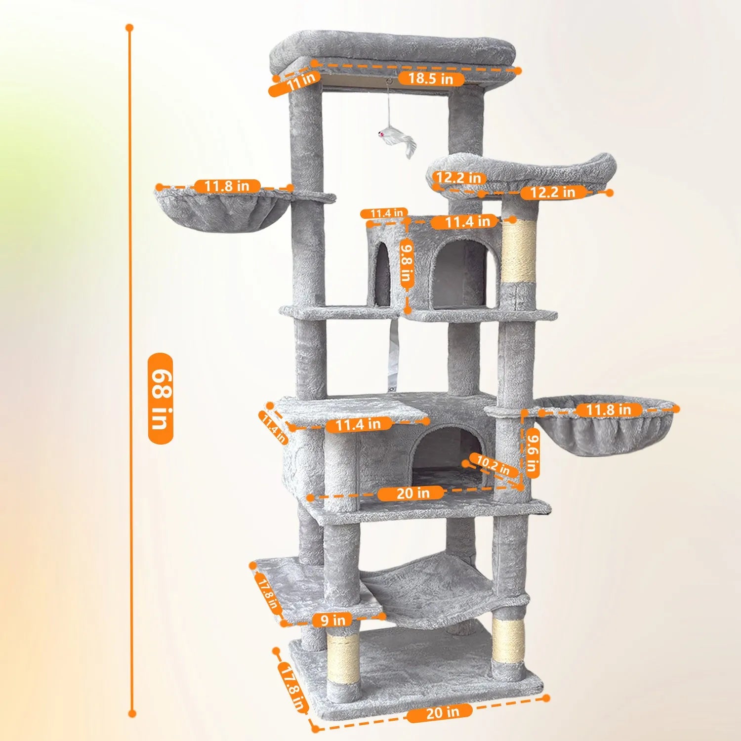 68in Tall Multi-Level Green Cat Tree with Hammocks, Hanging Basket, Cat Cave, Removeable Cushion, Scratching Posts - Plush Cat Tower for Indoor Cats – view 13