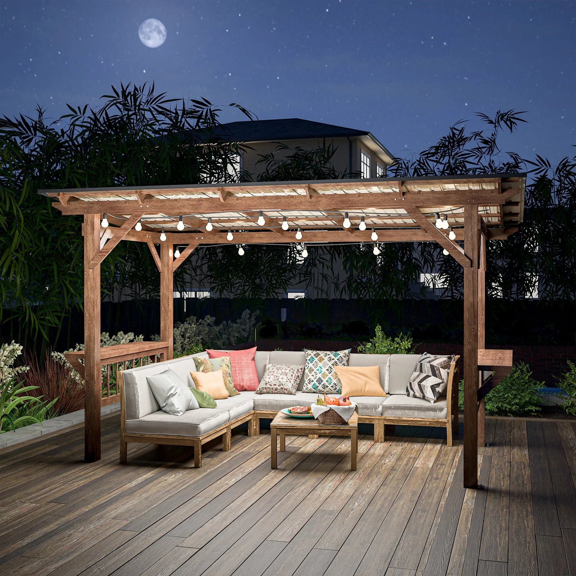 13' x 6.5' Wooden Pergola Grill Gazebo with Metal Roof & Bulbs & Bar Counters – view 13