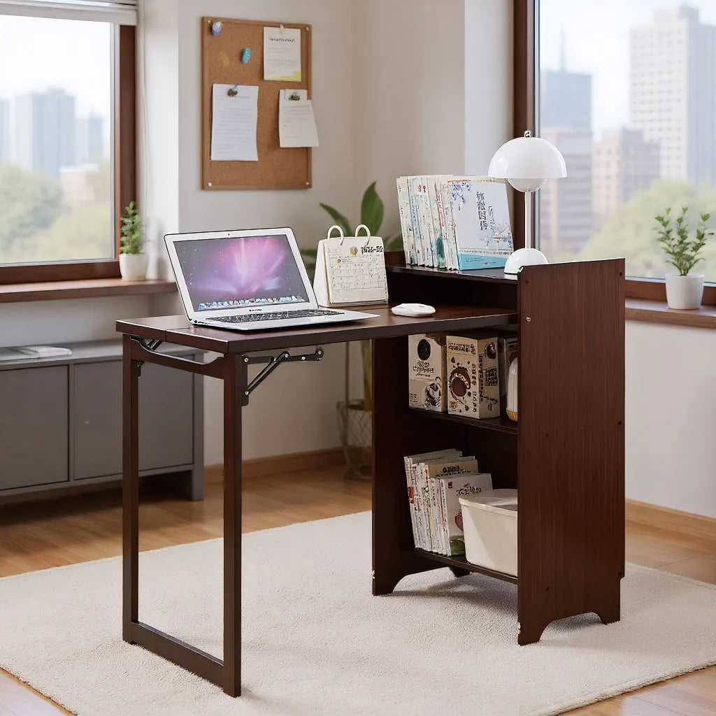 Bamboo Folding Desk, Foldable Desk for Small Space, Computer Desk with Hidden Storage, Mid Century Foldable Table for Home Office and Bedroom (Walnut – view 13