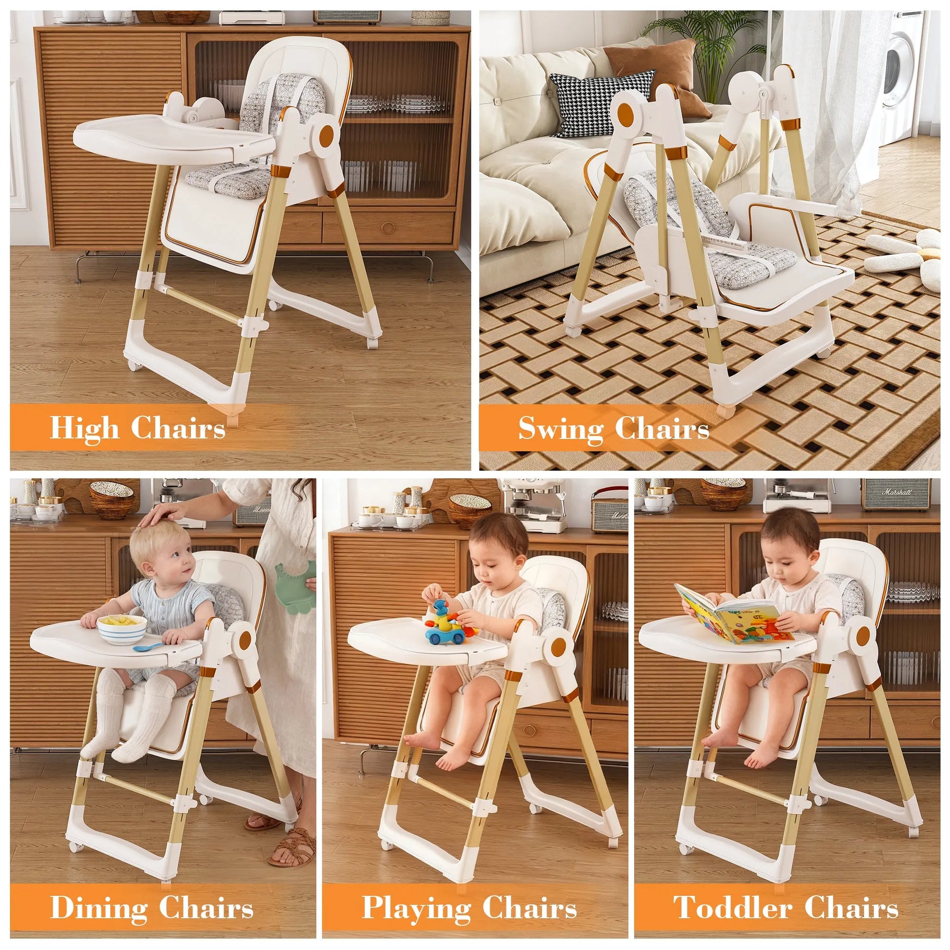 Convertible Baby High Chair to Rocker with 5-Point Harness, Foldable Infant Feeding Chair in White with Removable 2-Tier Easy-Clean Tray for 6M-3Yrs – view 13