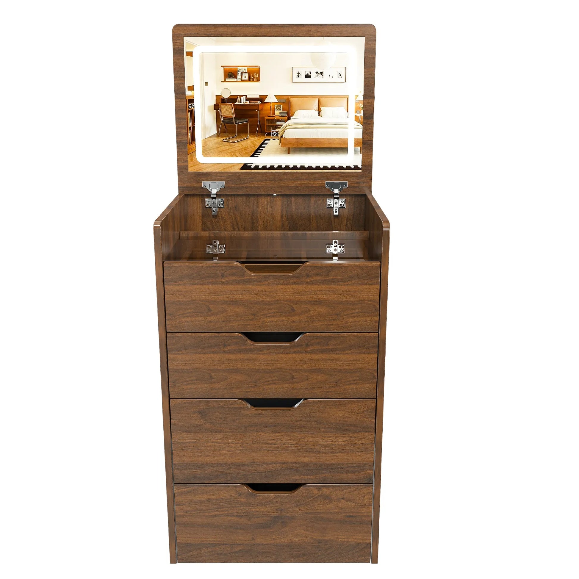 3-in-1 Vanity Desk with Lighted Mirror & Stool, Flip Top Makeup Dressing Table in Walnut Finish, Compact Storage for Bedroom, Bathroom, or Dressing – view 13