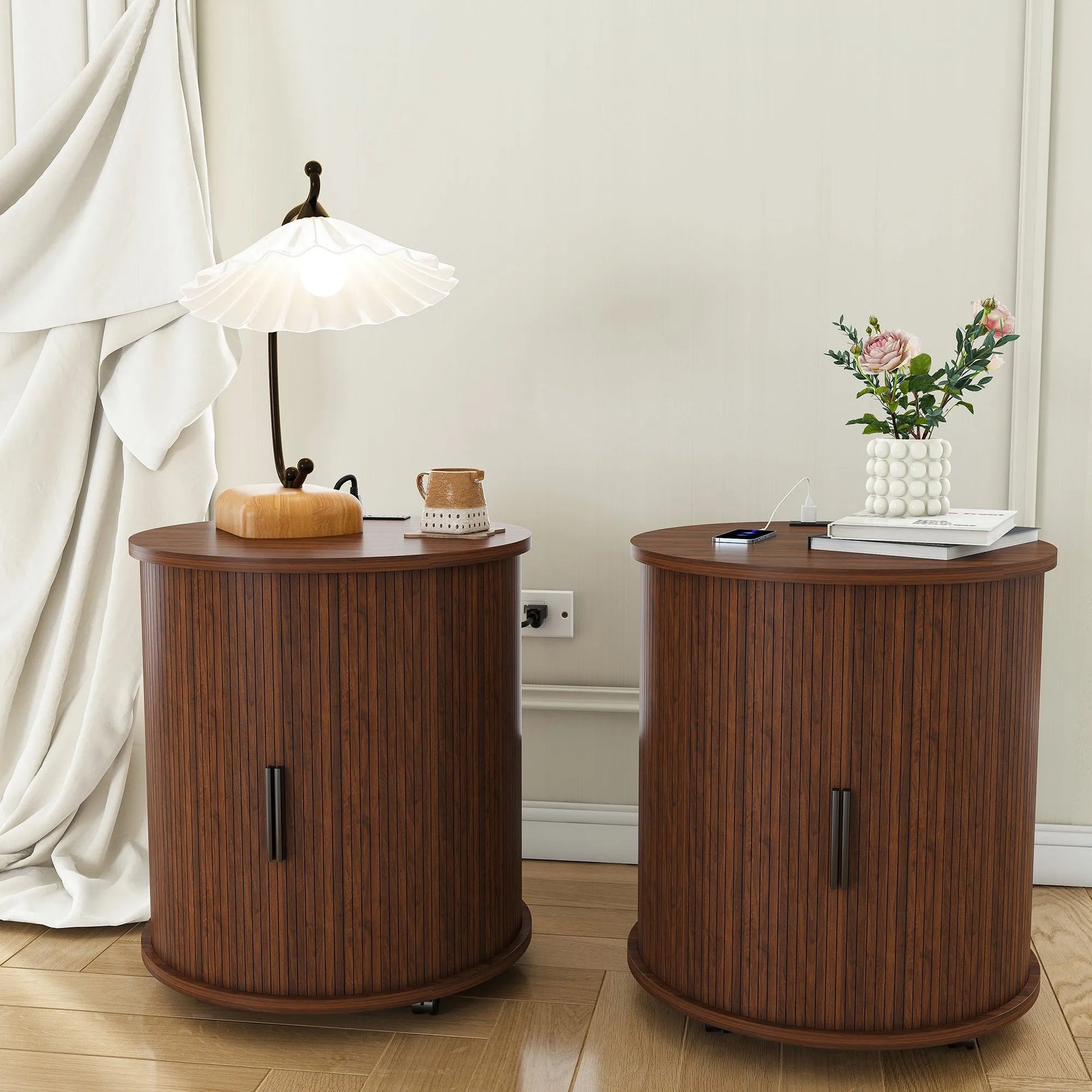 Mid Century Modern Cylinder End Table with Built-in Charging Station & Sliding Door, 2-Tier Storage Round Nightstand with USB Ports, Walnut Bedside – view 13