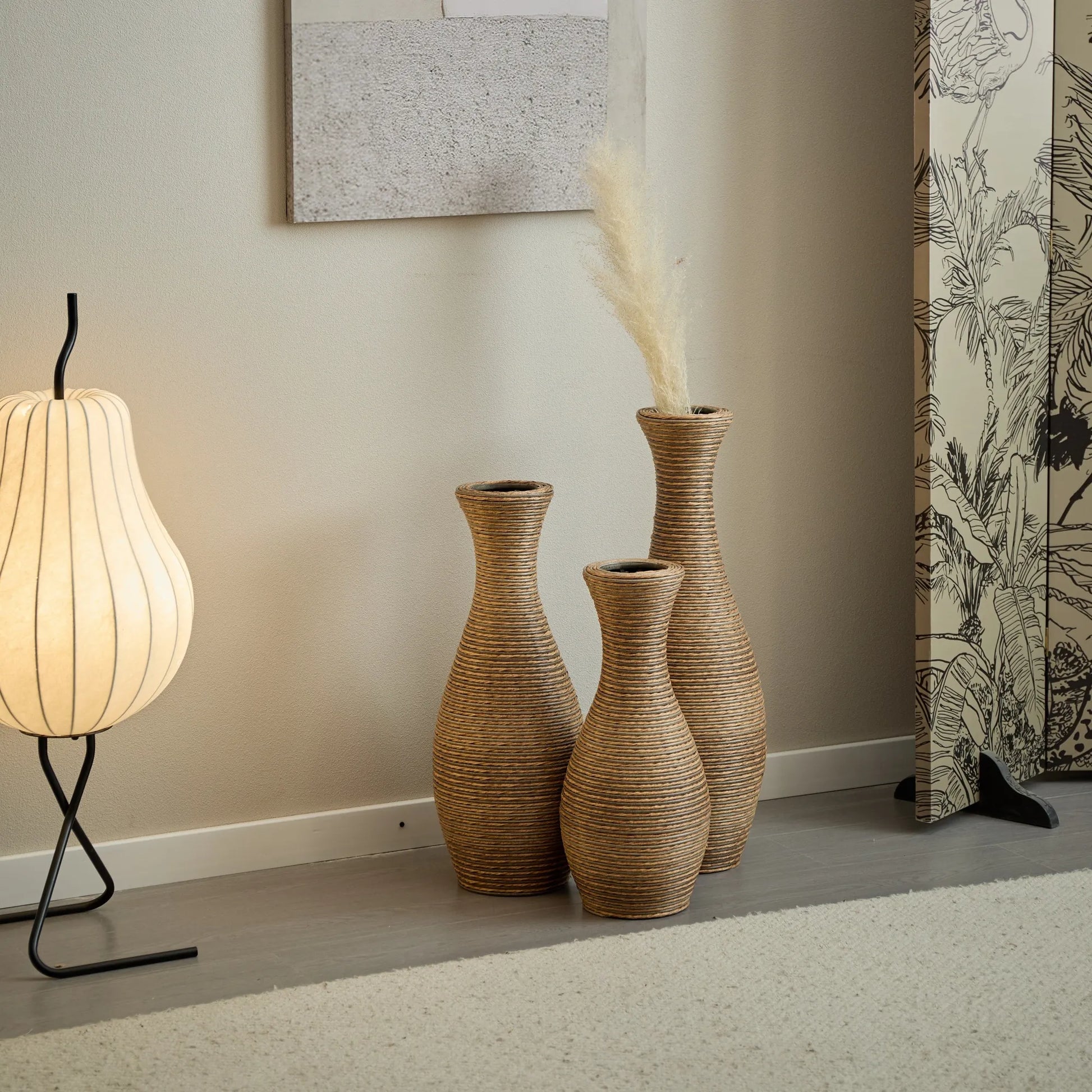 3-Piece Artificial Rattan Floor Vase Set – Decorative Accent for Living Room, Hallway & Entryway, Ideal for Dried or Silk Flower Arrangements, Beige – view 13