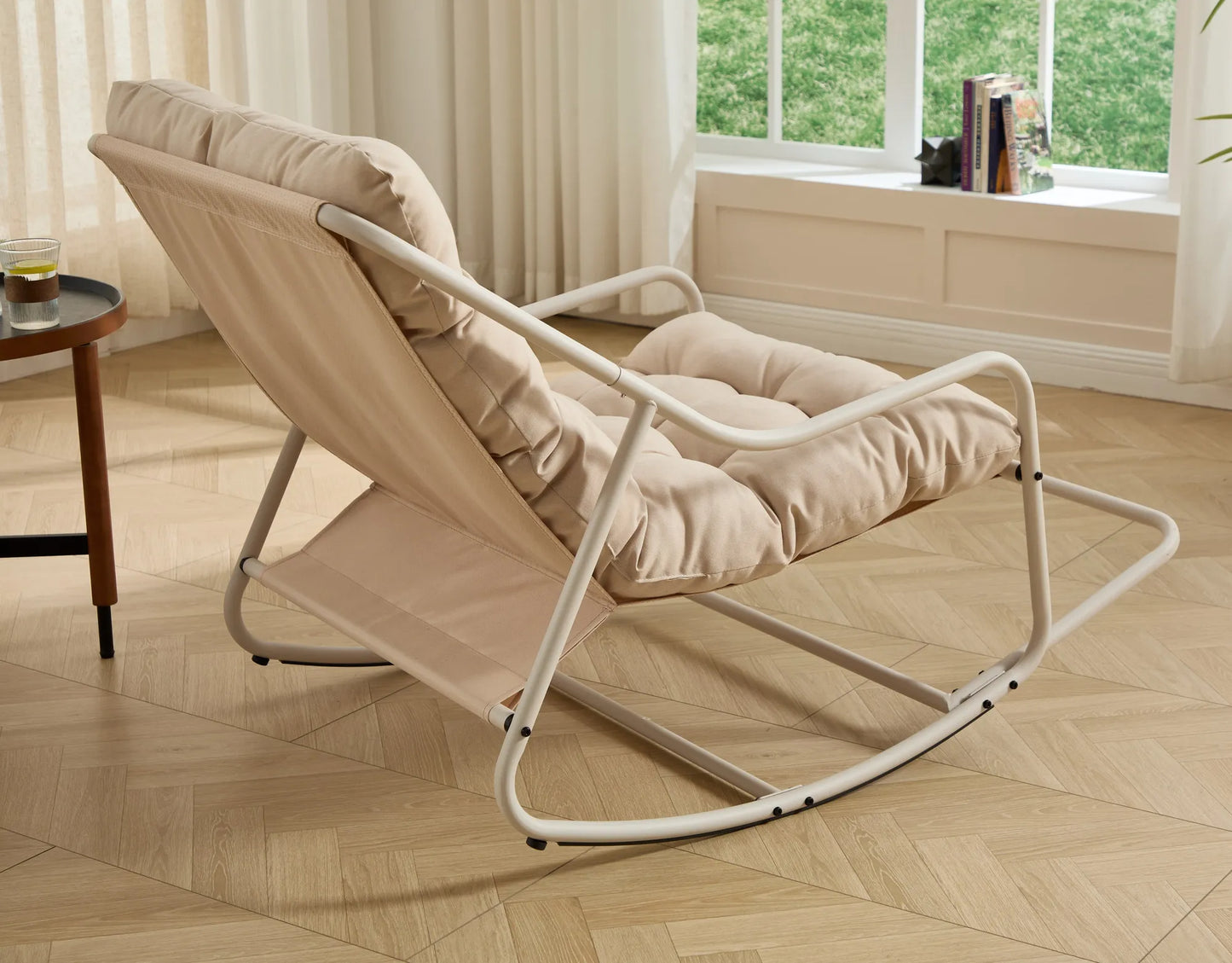 Outdoor Rocking Chair, Comfy Cushion, with Soft Thick Cushion,for Living Room, Bedroom, Reading Room, Beige Frame with Beige Cushion – view 13