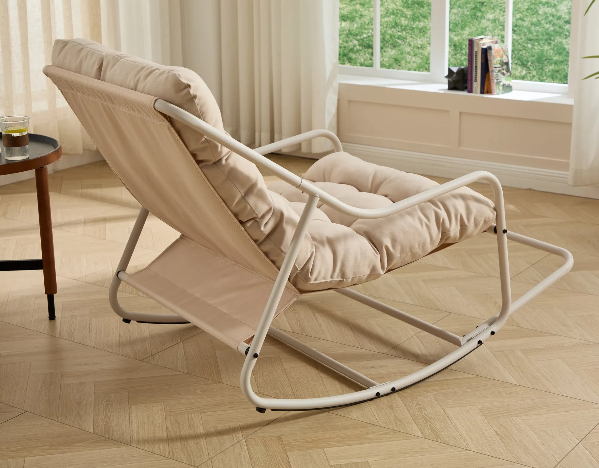 Outdoor Rocking Chair, Comfy Cushion, with Soft Thick Cushion,for Living Room, Bedroom, Reading Room, Beige Frame with Beige Cushion – view 13
