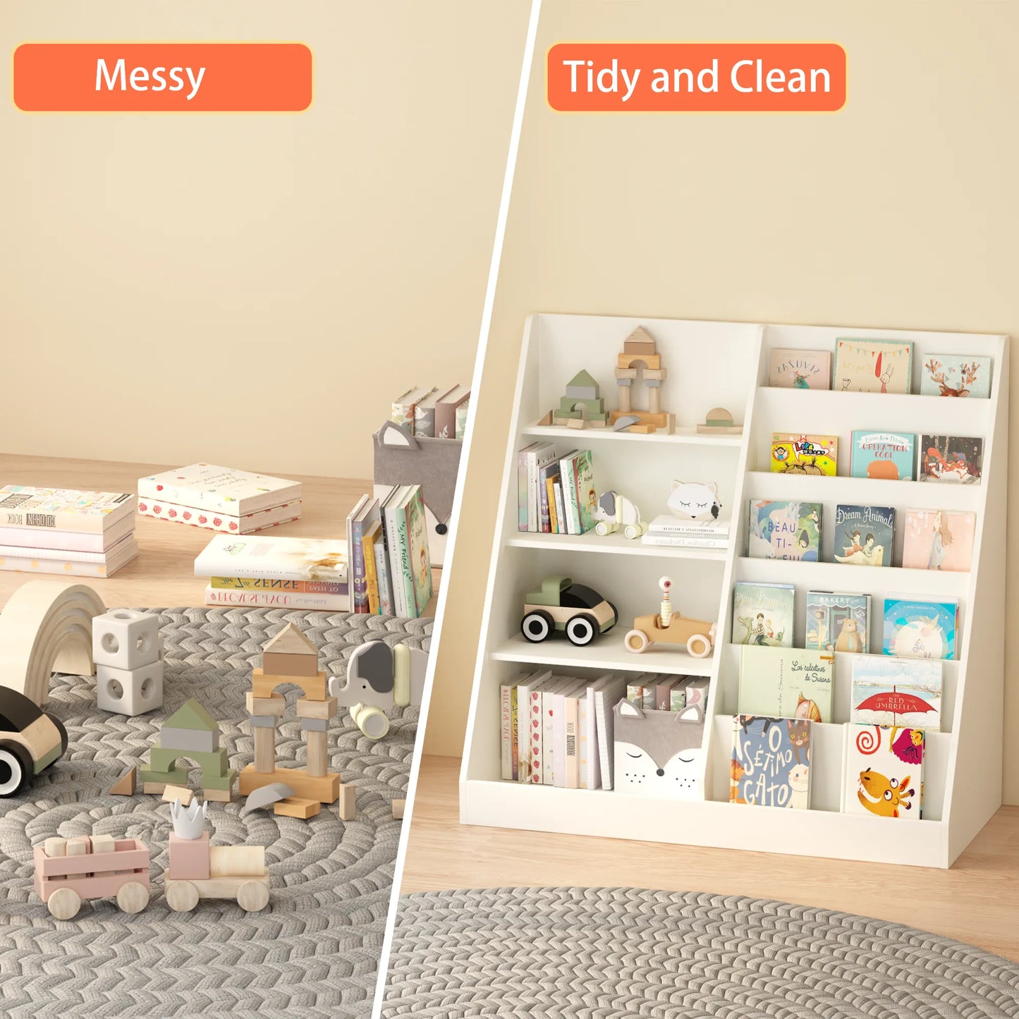 Kids Bookshelf and Toy Storage Organizer, Multifunctional 4-Tier White Wooden Bookcase with Toy Bin for Nursery, Playroom, or Kids Room – view 13