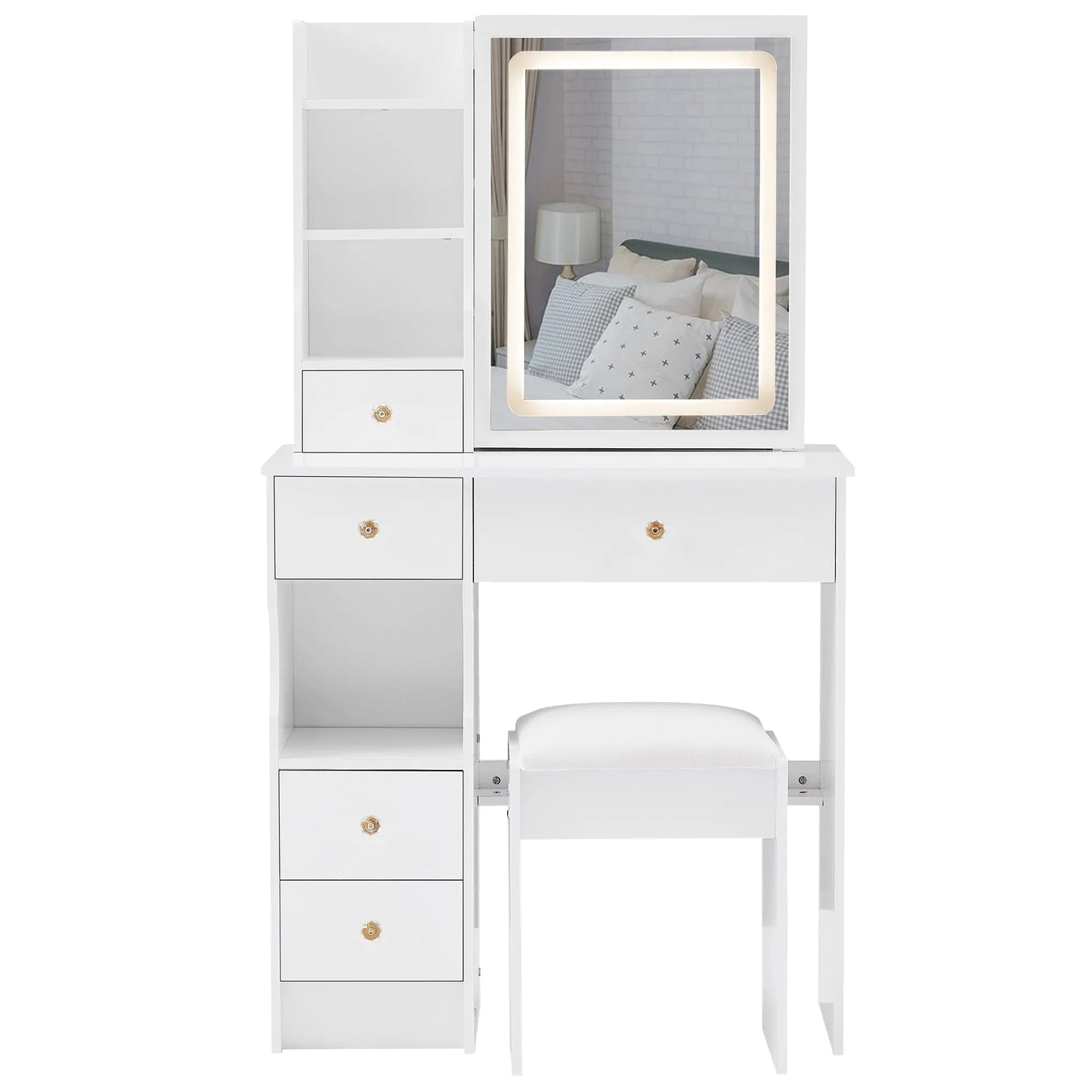 29.2' Small Size Left Drawer Desktop Vanity Table + Cushioned Stool, Large Sliding, Touch Control, Tri-color Switching, Brightness Adjust LED Mirror – view 13