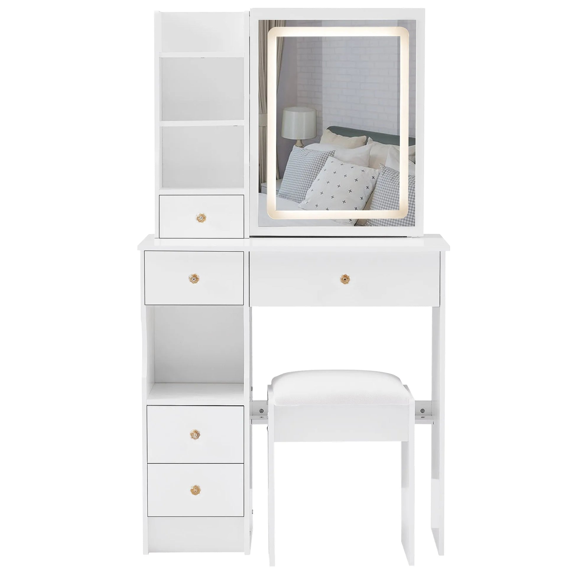 29.2' Small Size Left Drawer Desktop Vanity Table + Cushioned Stool, Large Sliding, Touch Control, Tri-color Switching, Brightness Adjust LED Mirror – view 13