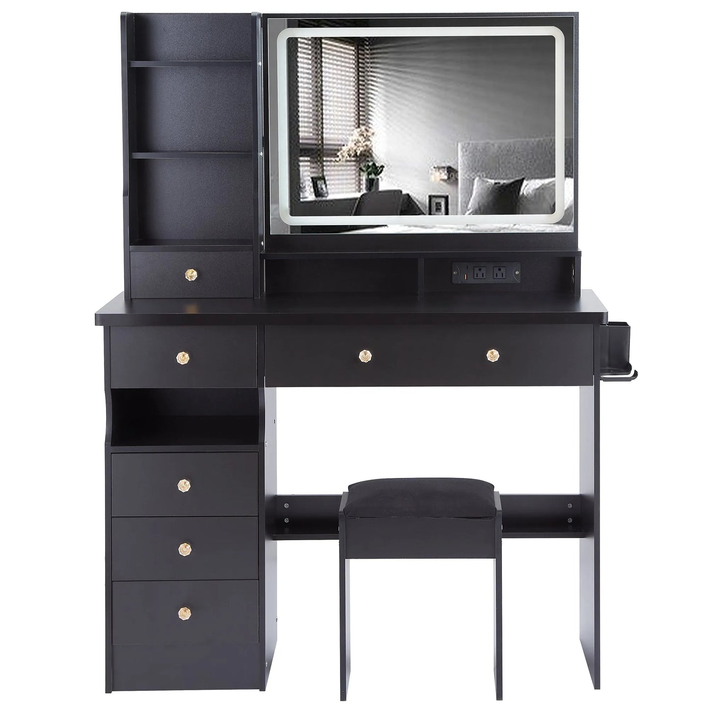41' Large Size Left Drawer Desktop Vanity Table+Cushioned Stool Dresser Set, 2 AC+2 USB Power Station, Hair Dryer Stand, Extra Large Touch Control – view 13