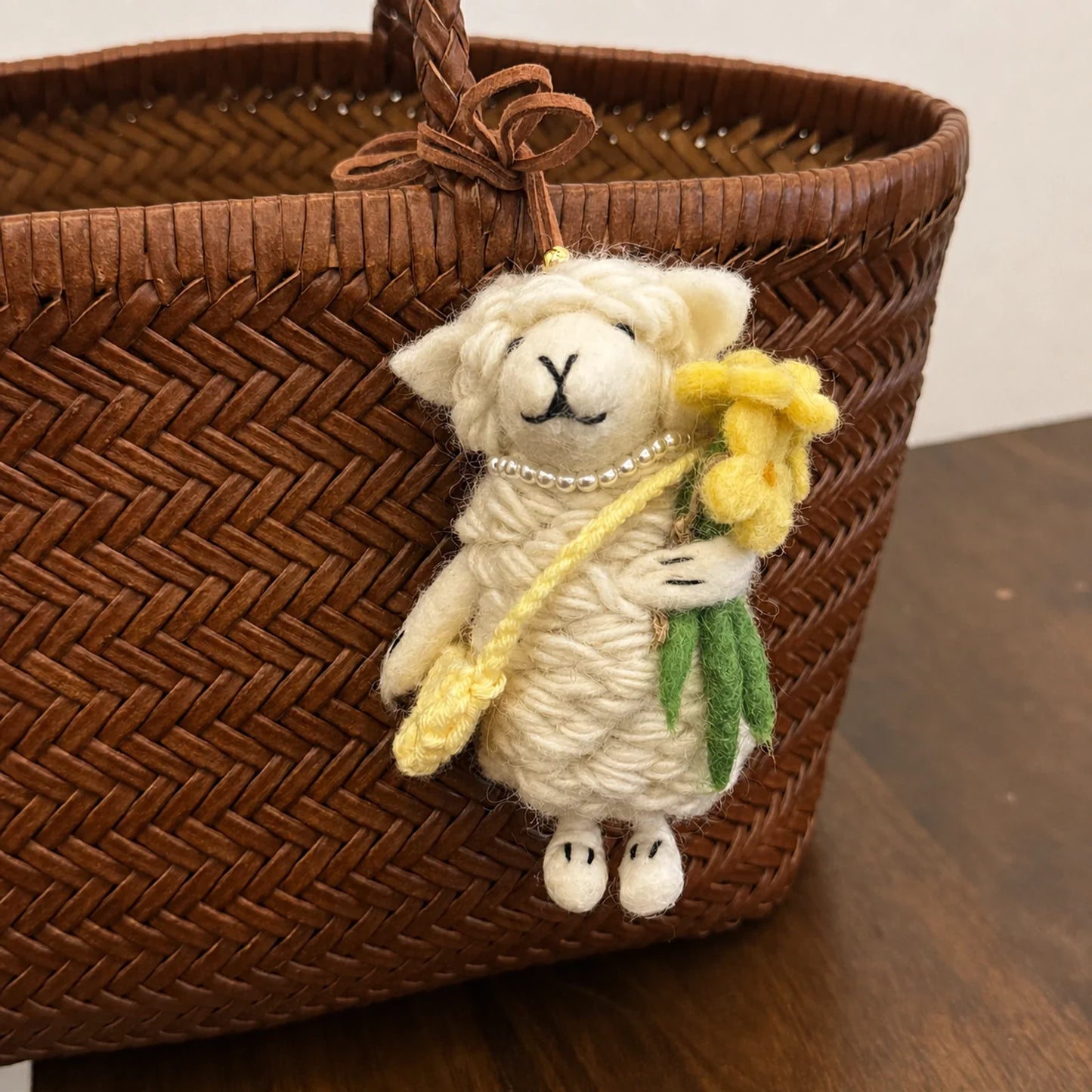 Handmade wool felt sheep bag charm – yellow flower white sheep